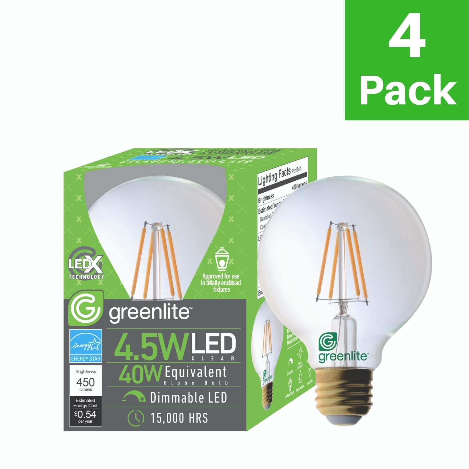 LED 4.5W G25 Clear Globe Filament Light Bulb, 40W Equivalent, 470 Lumens, 2700K Soft White, E26 Medium Base, Dimmable, 120V, Ene