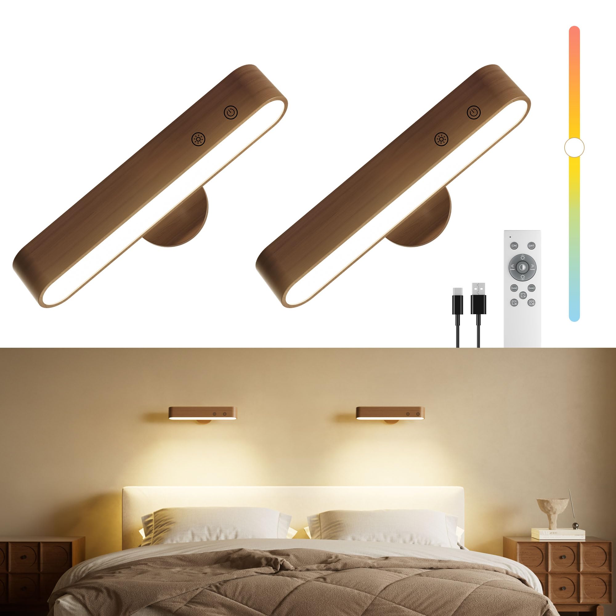 PopoIron Walnut Wood LED Wall Sconces, 2 Pack, Touch & Remote Control, 360° Rotate, 3 Colors Dimmable, Model WL15