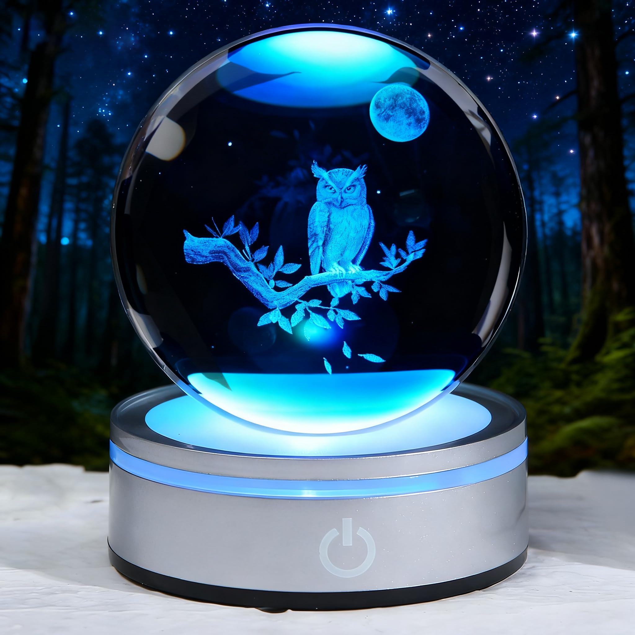 POSSHE Owl Gifts, 3D 3.15 Inch (80mm) Crystal Ball Owl Lamp with Battery Powered, RGB Color Light for Birthday Xmas Cool Upgrade