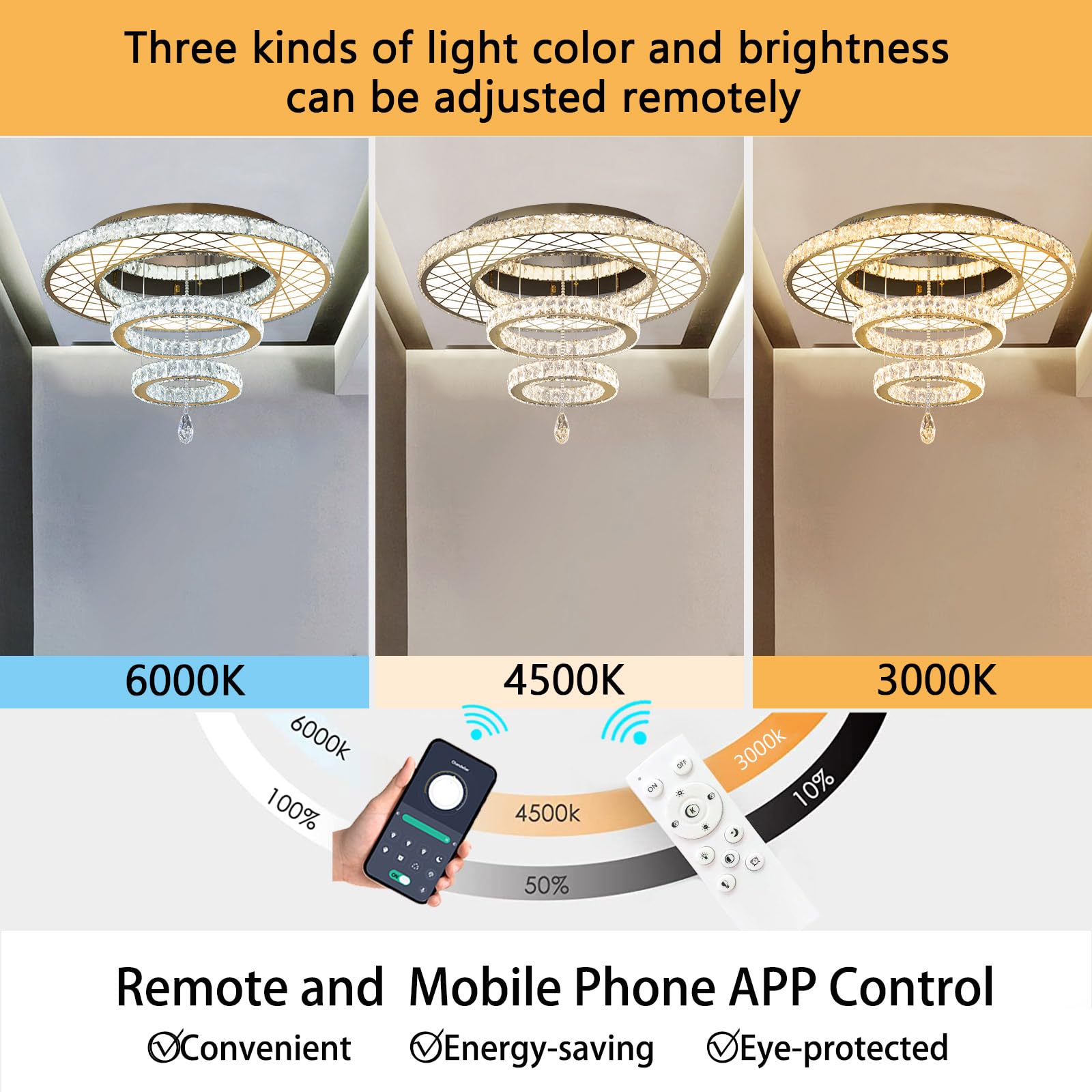 HAIXIANG 40 Inch LED Chandelier, Remote Dimmable Ceiling Light Fixture, Gold, Flush Mount, Compatible with Sloped Ceilings, Model MMQ3831-100