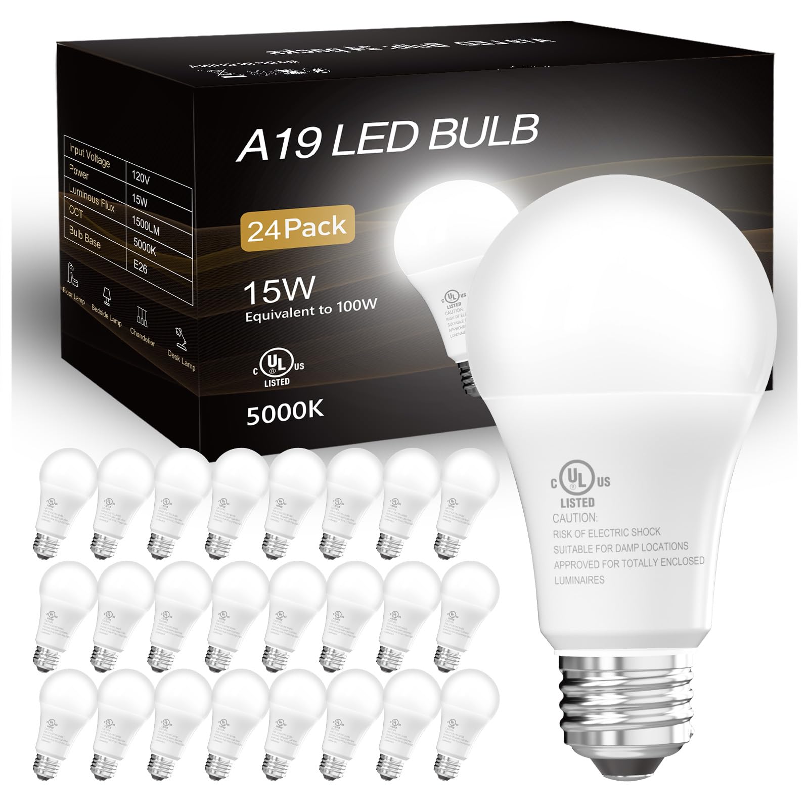 Dalattin A19 Led Light Bulbs 100 Watt Equivalent,24 Pack 5000K Daylight White,1500Lm,E26 Base,Ul Listed, Non-Dimmable,Efficient 