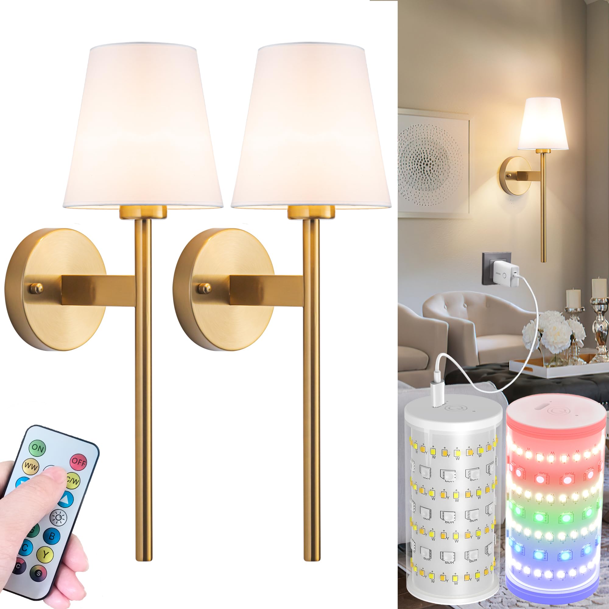 Nekhung Battery Operated Wall Sconces Set of 2, RGB Rechargeable Magnetic Bulb, Brass, 21 inch, Remote Control, One Size