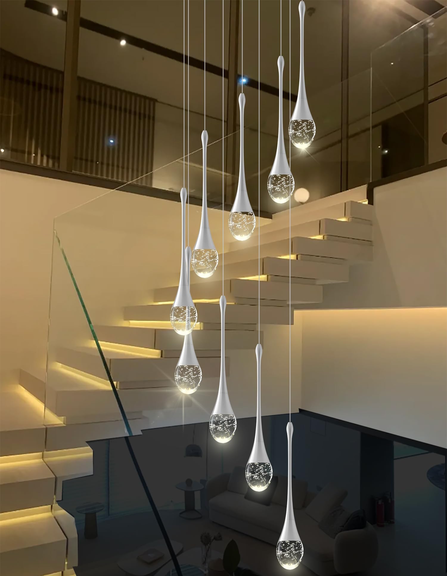 Ykolupty 9-Lights H100'' Modern Chandelier 9-Lights Silver Foyer Entrance Chandeliers High Ceiling Chandelier Led Dimmable 2700-6000K Fixtures