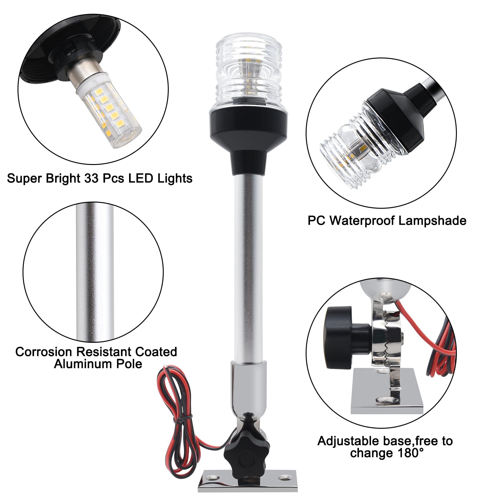 Geloo Marine Navigation Lights, Waterproof IP67 12 Inch LED Stern Light, 360° Fold Down, Stainless Steel Base