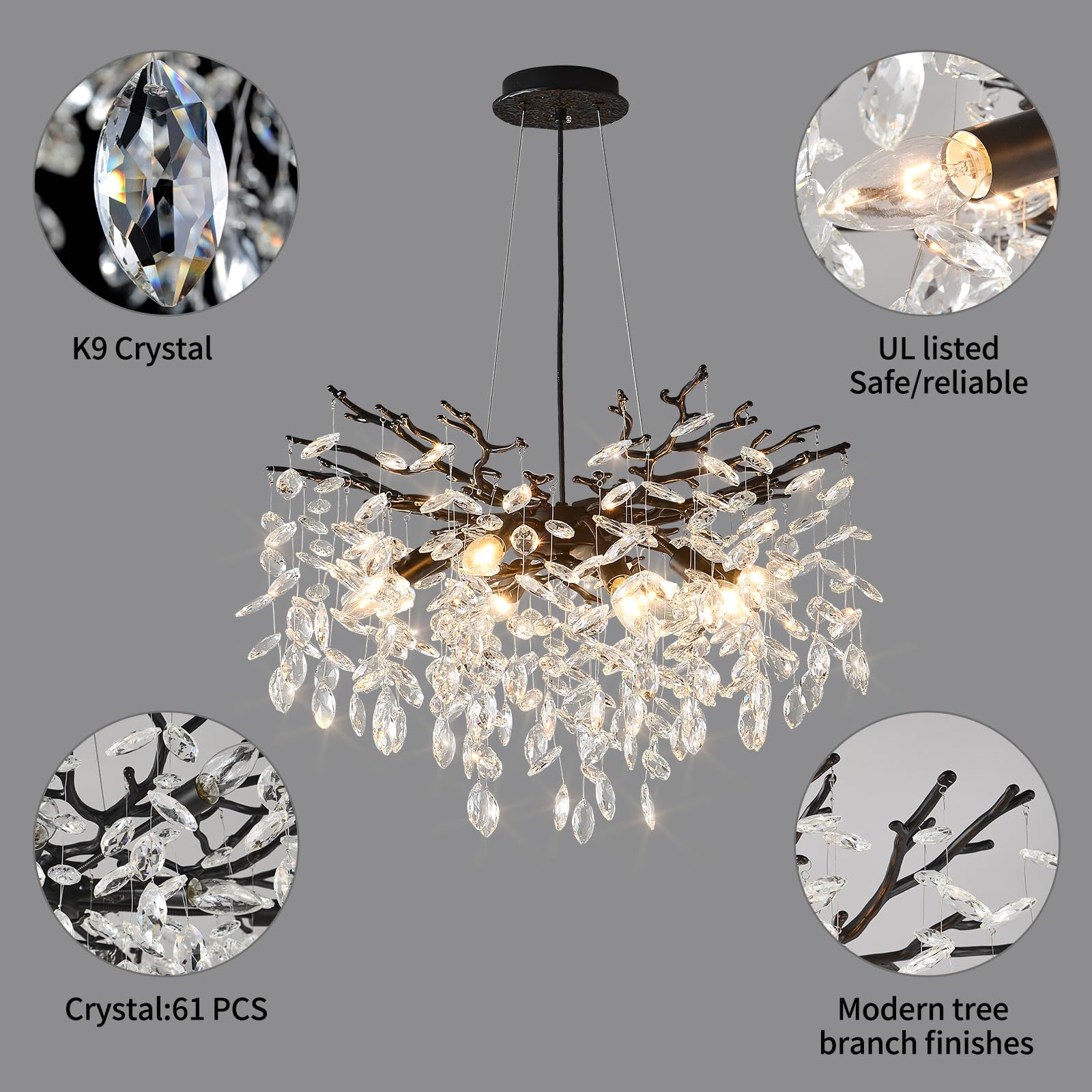 Egm Black 24 Inch Tree Branch Crystal Chandelier, Modern Raindrop Crystal Ceiling Light Fixtures 8-Light(E12), Hanging Round Cha