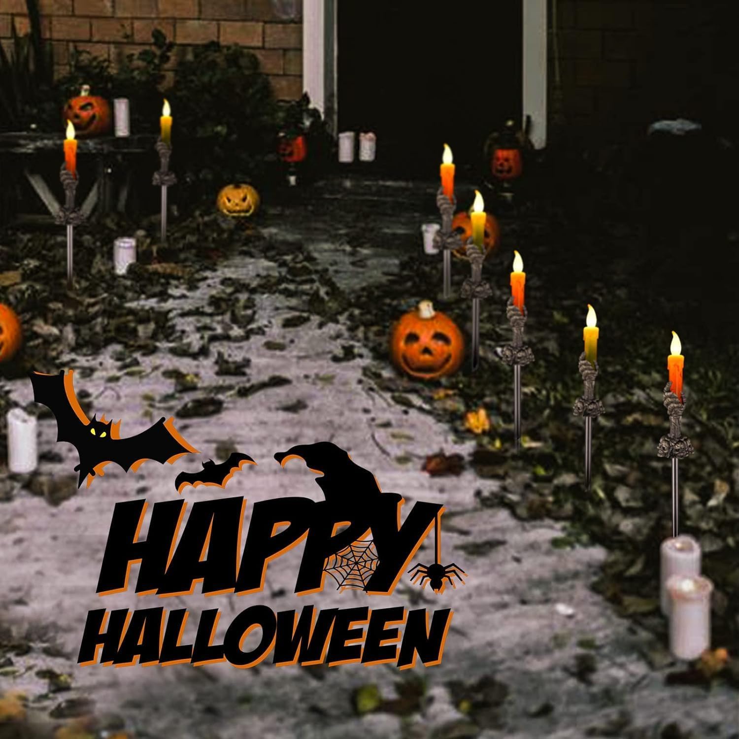 ILLUMINEW Solar Pathway Lights, 5 Pack LED Skull Candle Holders, Outdoor Halloween Decor, Orange & Green, Black