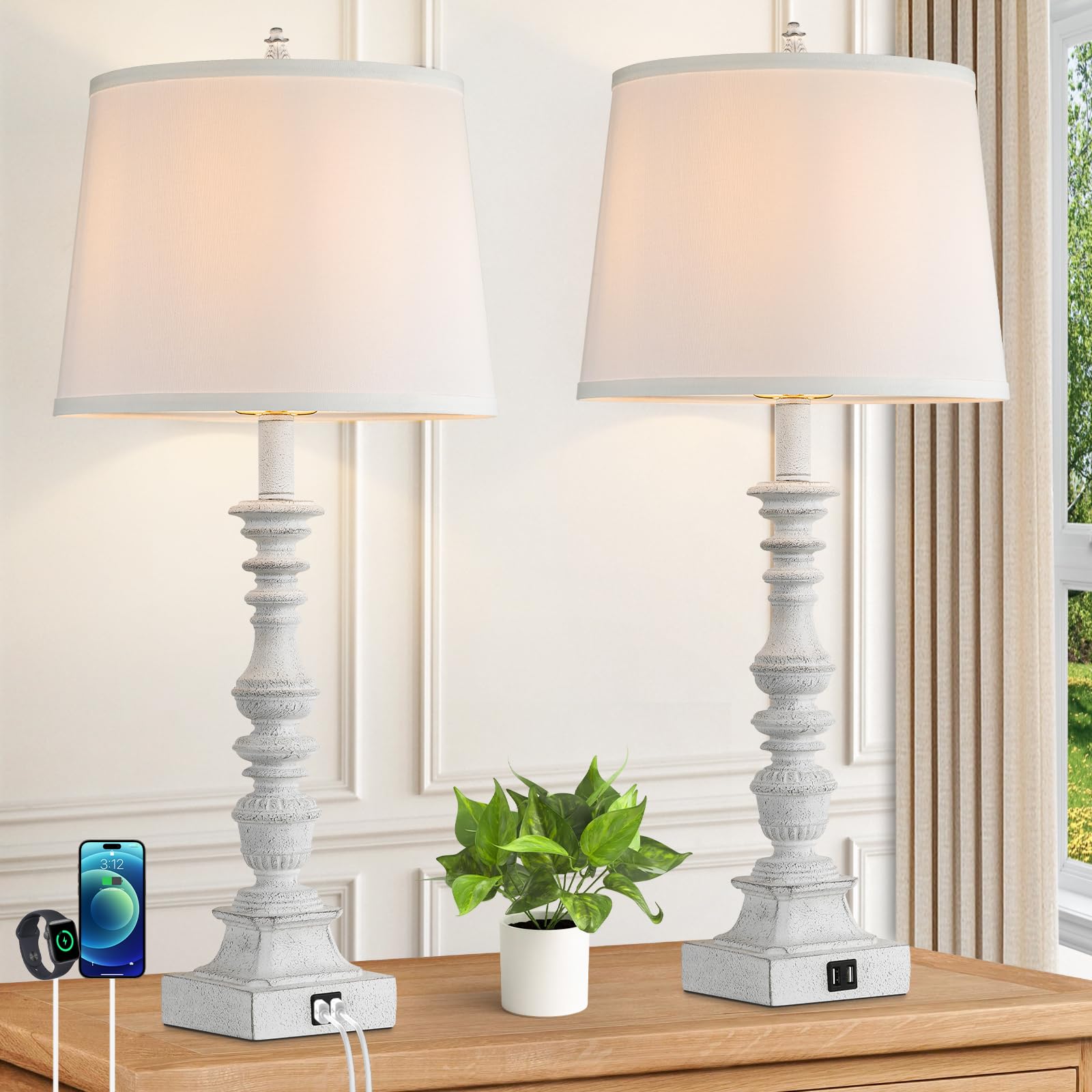 Gobright 27.5&quot; Farmhouse Table Lamps Set Of 2, Rustic Usb Charging Bedside Lamps, Cream White