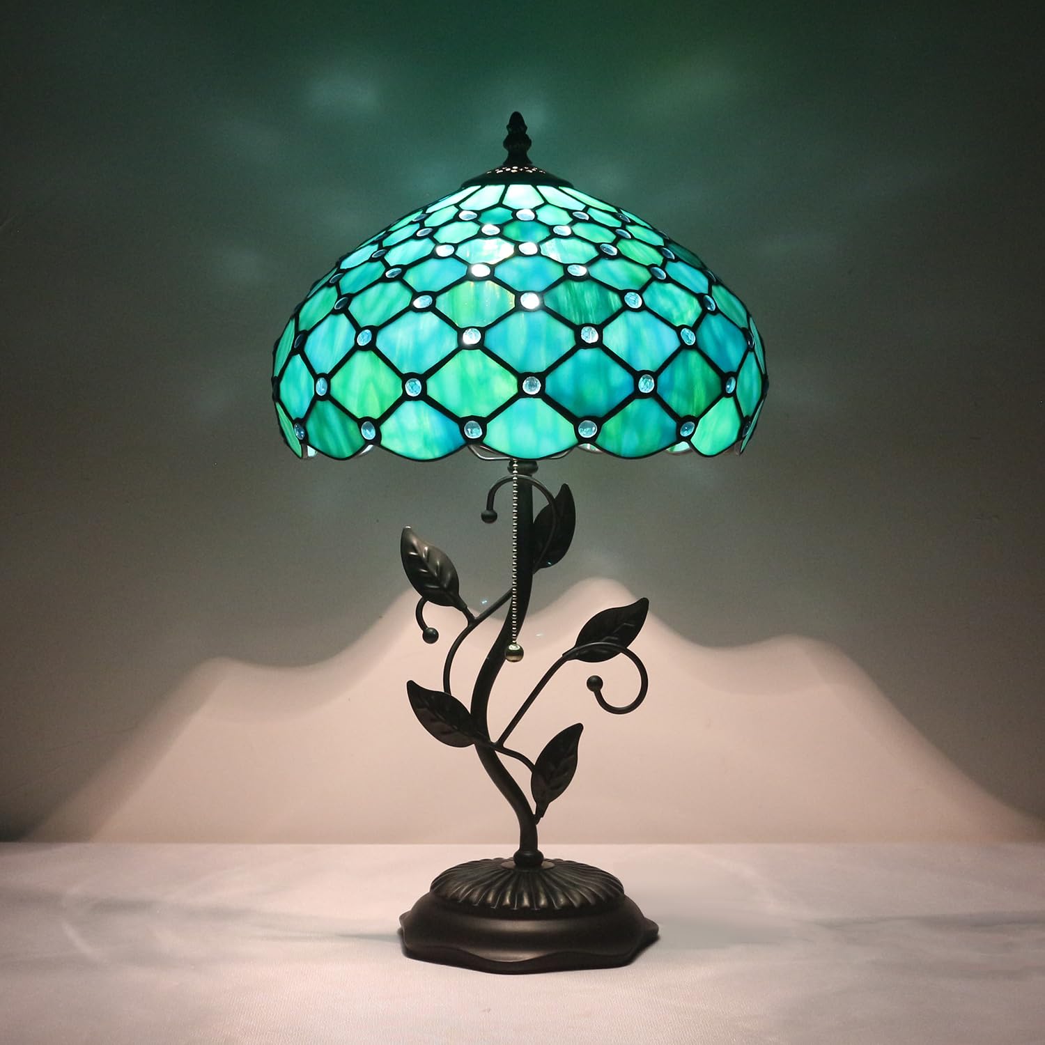 TFNTCYG Tiffany Lamp,12X12X19 Inch Tiffany Style Reading Light,with Metal Leaf Base Decor Tiffany Table Lamps,Sea Blue Pearl Tab