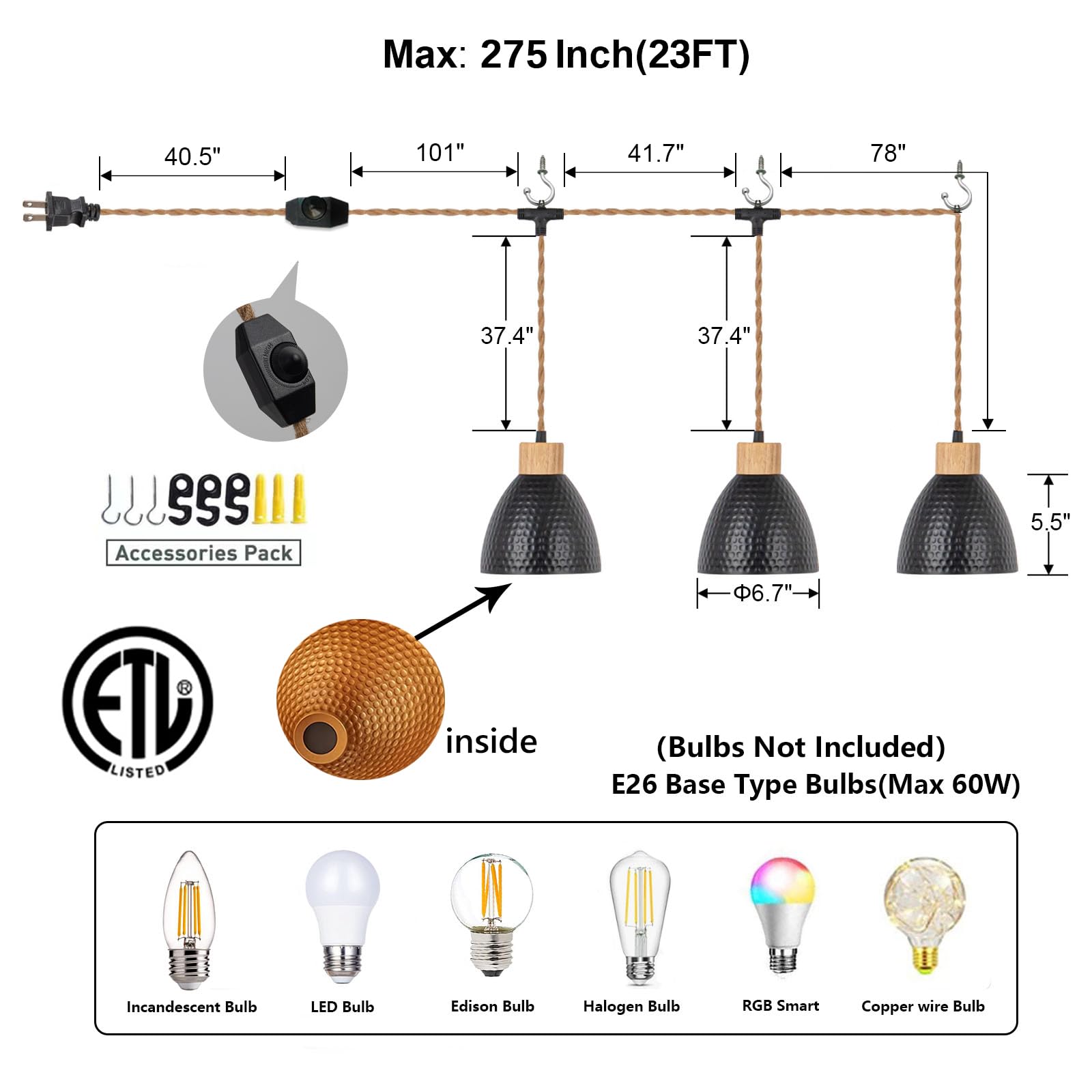 Alaislyc 3-Light Plug In Pendant Light 22Ft Industrial Hanging Lamp With Twisted Hemp Rope Independent Triple Switch Hanging Lig