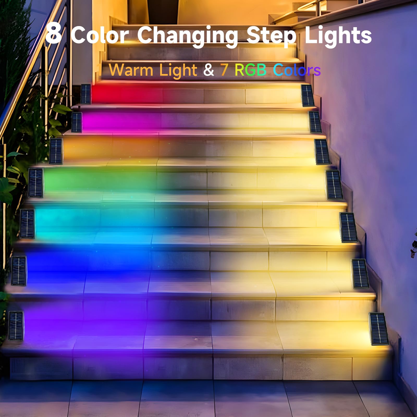 CIYOYO Solar Step Lights, 12 Pack Waterproof LED Outdoor Deck Light, Warm White/7 RGB Colors, Model BZ01