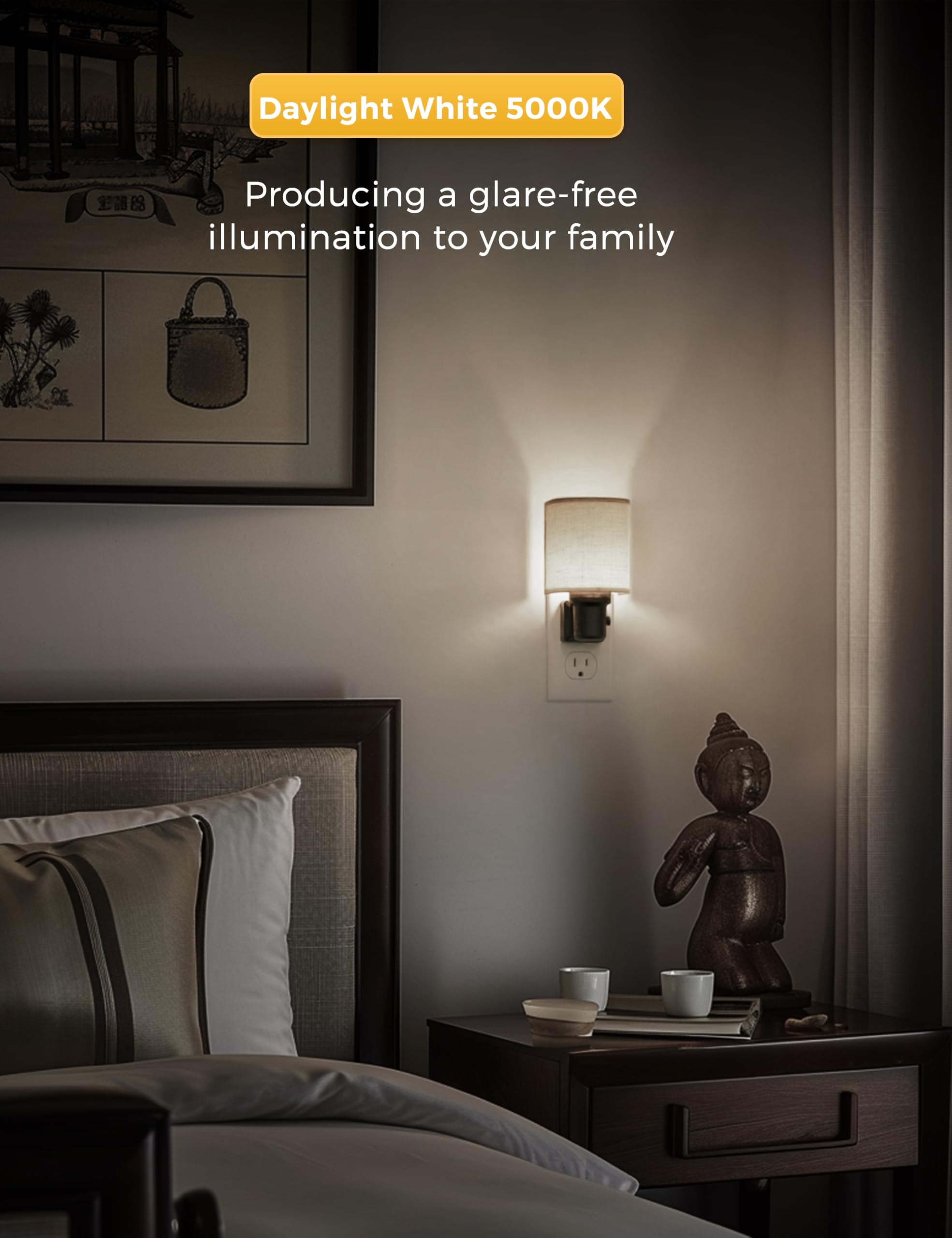 L LOHAS LED Night Light, Dimmable Plug-in, Linen Fabric, Daylight White, Model A-GY-220-US-03MB-2, 2 Pack