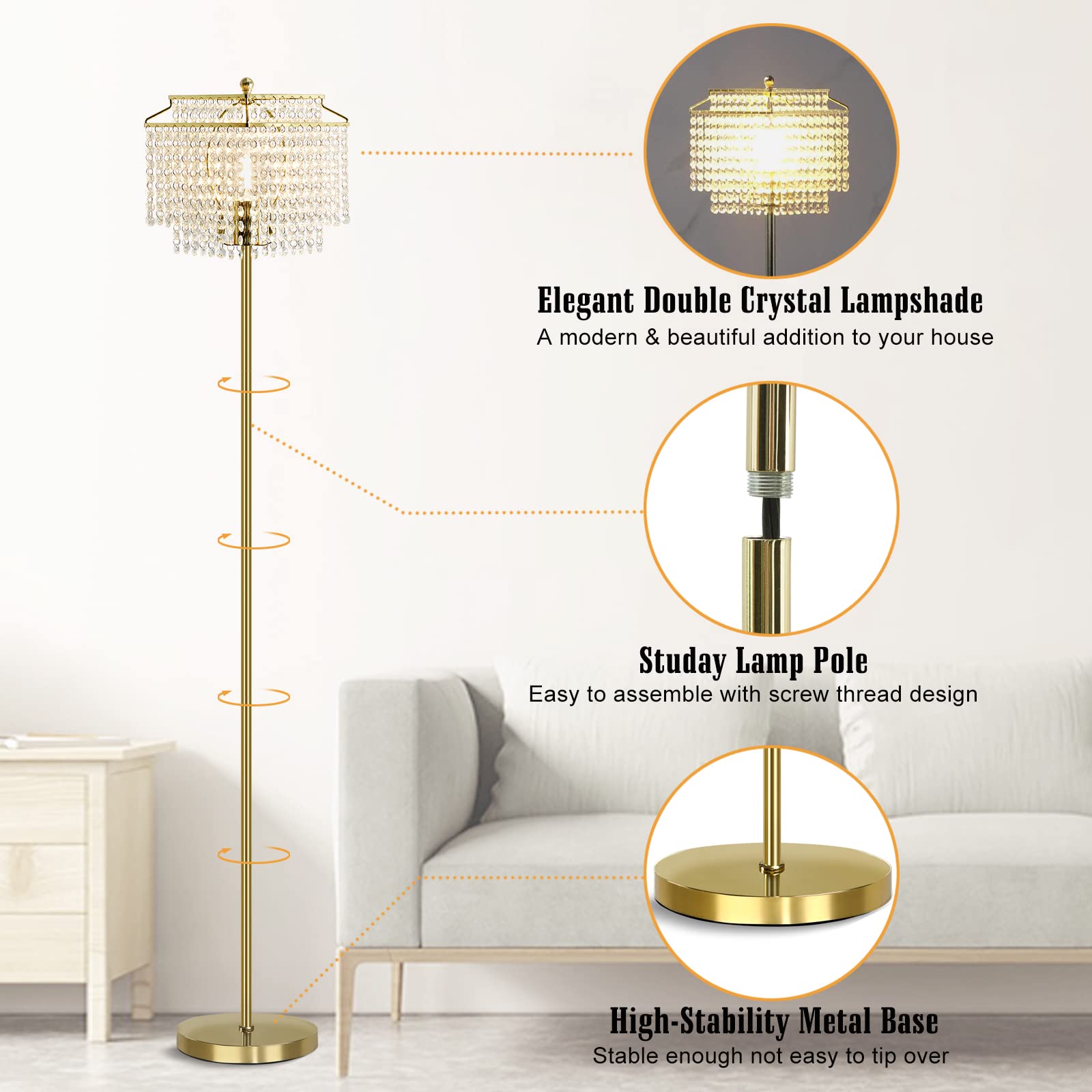 Luvkczc Crystal Floor Lamp - Elegant Gold Design, Double-Layer Lampshade, 8W LED Included for Living Room, Bedroom, Office