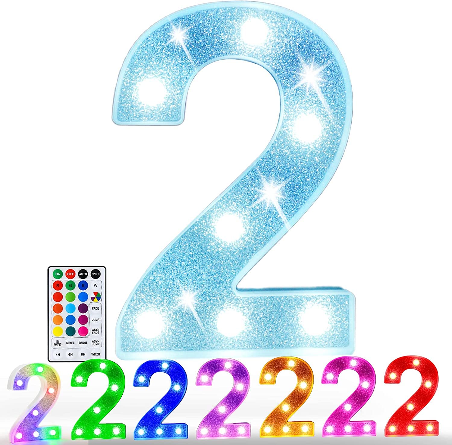 Pooqla Colorful Marquee Number 2, RGB LED Lighted with Remote, Battery Powered Decoration for Home, Bedroom, Wedding, Party