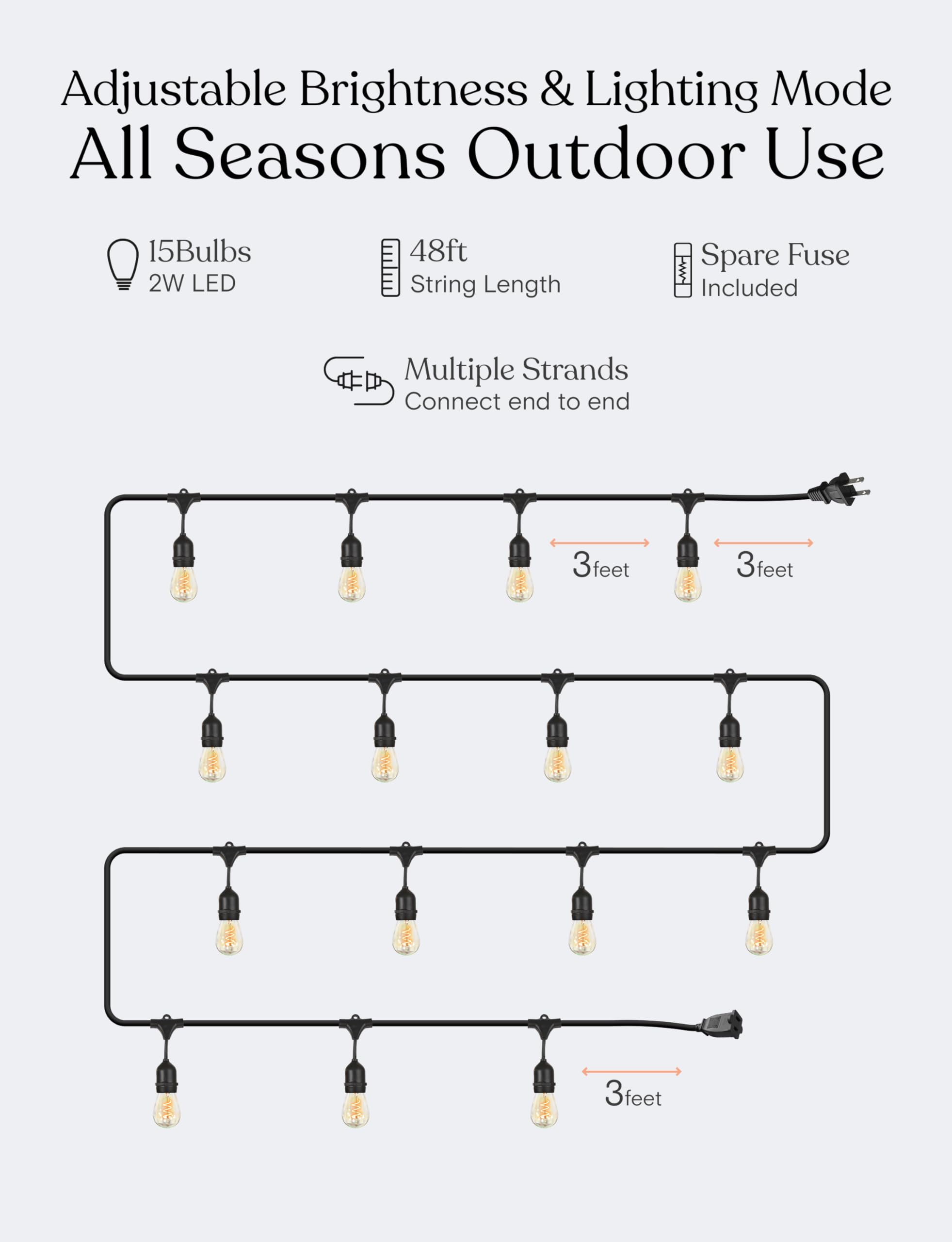 Brightech Ambience Pro - Waterproof Led Outdoor String Lights - 15 Bulbs, Dimmable 2W Vintage Spiral Edison Bulbs - 48 Ft Commer