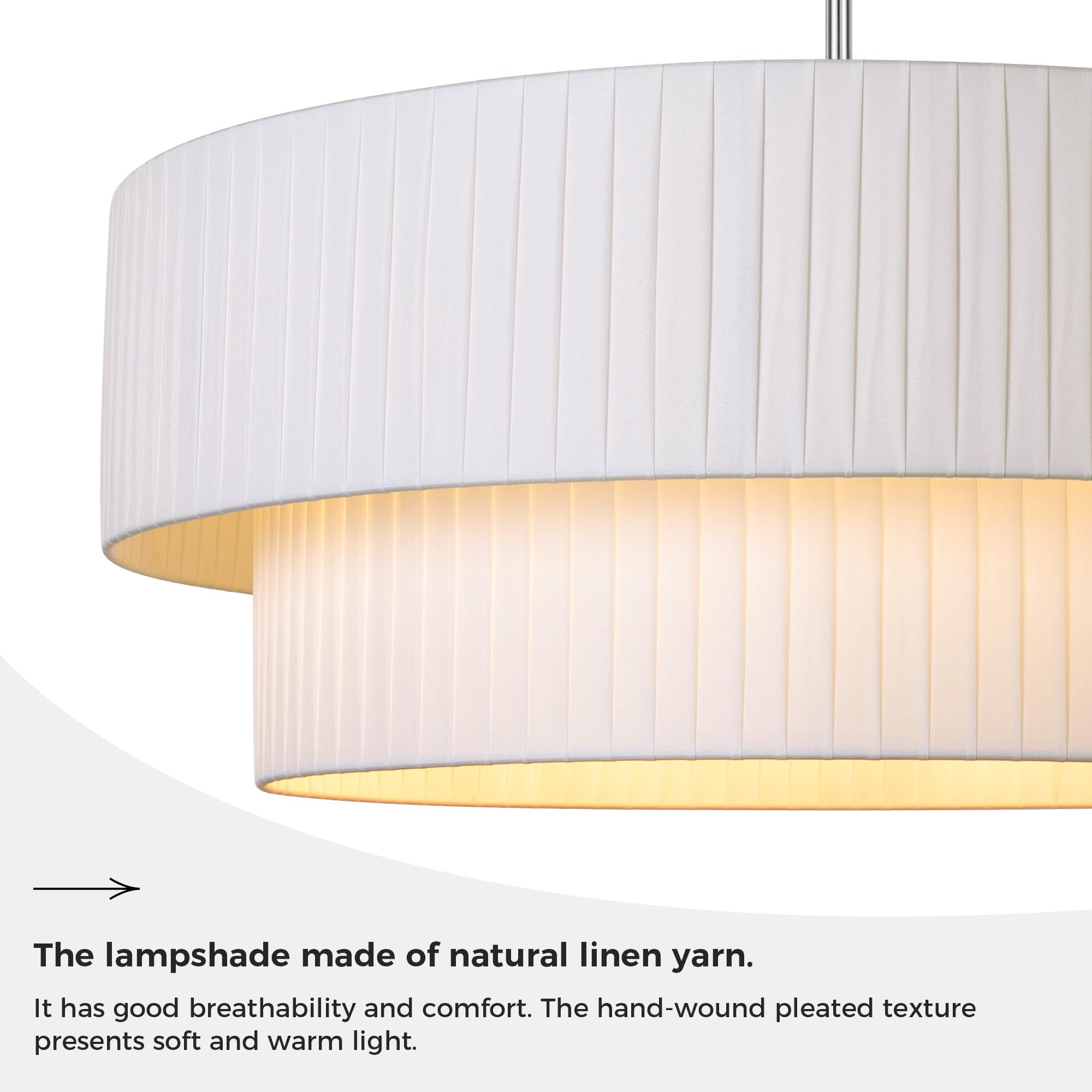 LamQee 24" Modern Drum Chandelier, 5-Light Fabric Pendant, Chrome Finish, Semi Flush Mount, White Shade, Model 0268
