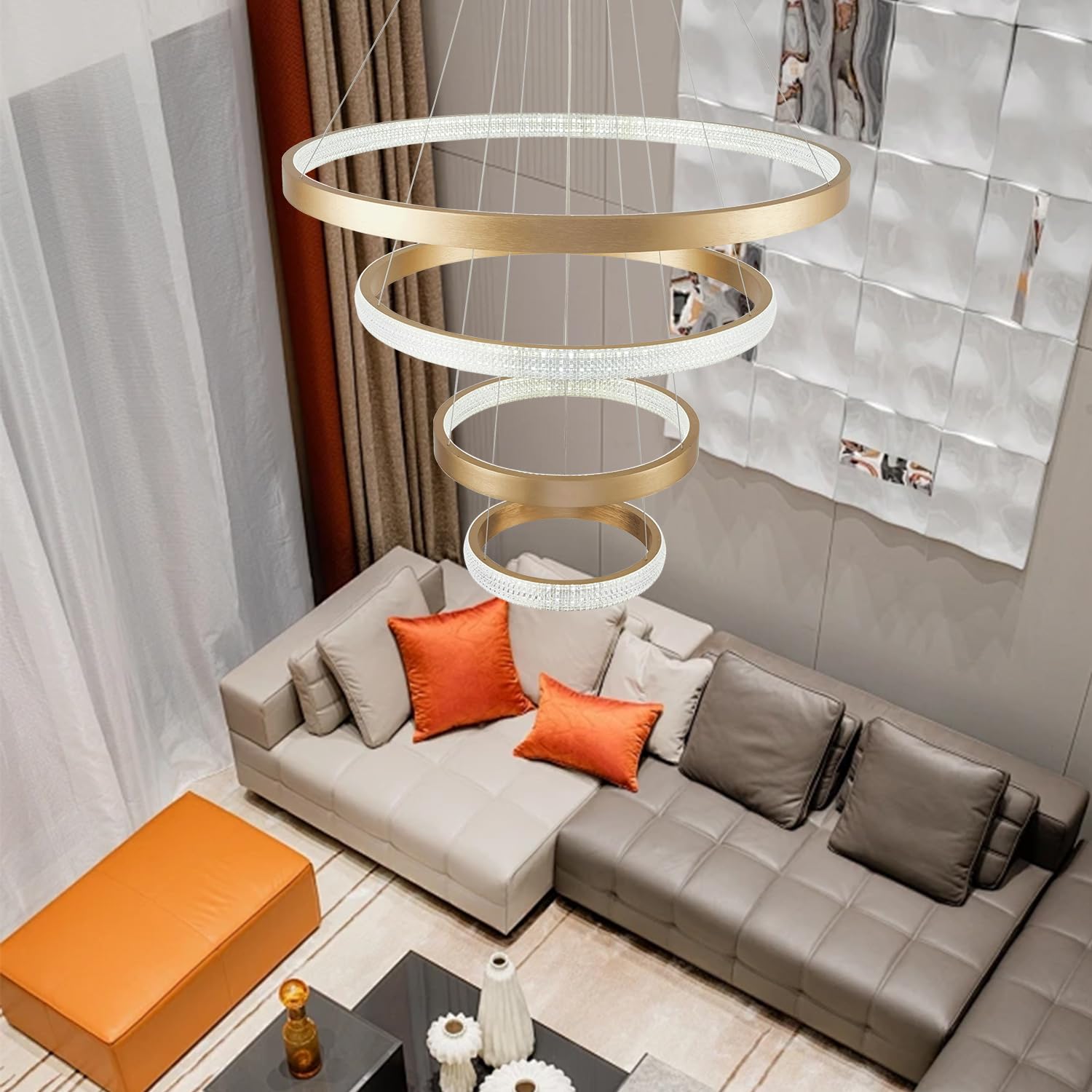 EMBRING Gold Crystal Chandelier 31.5" Dimmable LED Light Fixture, Modern 4 Ring Design, Aluminum, Model SW004-4Rgd-CY-3468