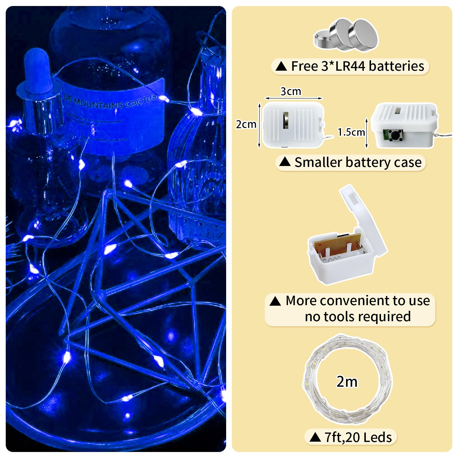 chzk Fairy Lights 12 Pack, 7FT 20 LED Mini String Lights, Battery Operated, Blue, Model D11-BKDC
