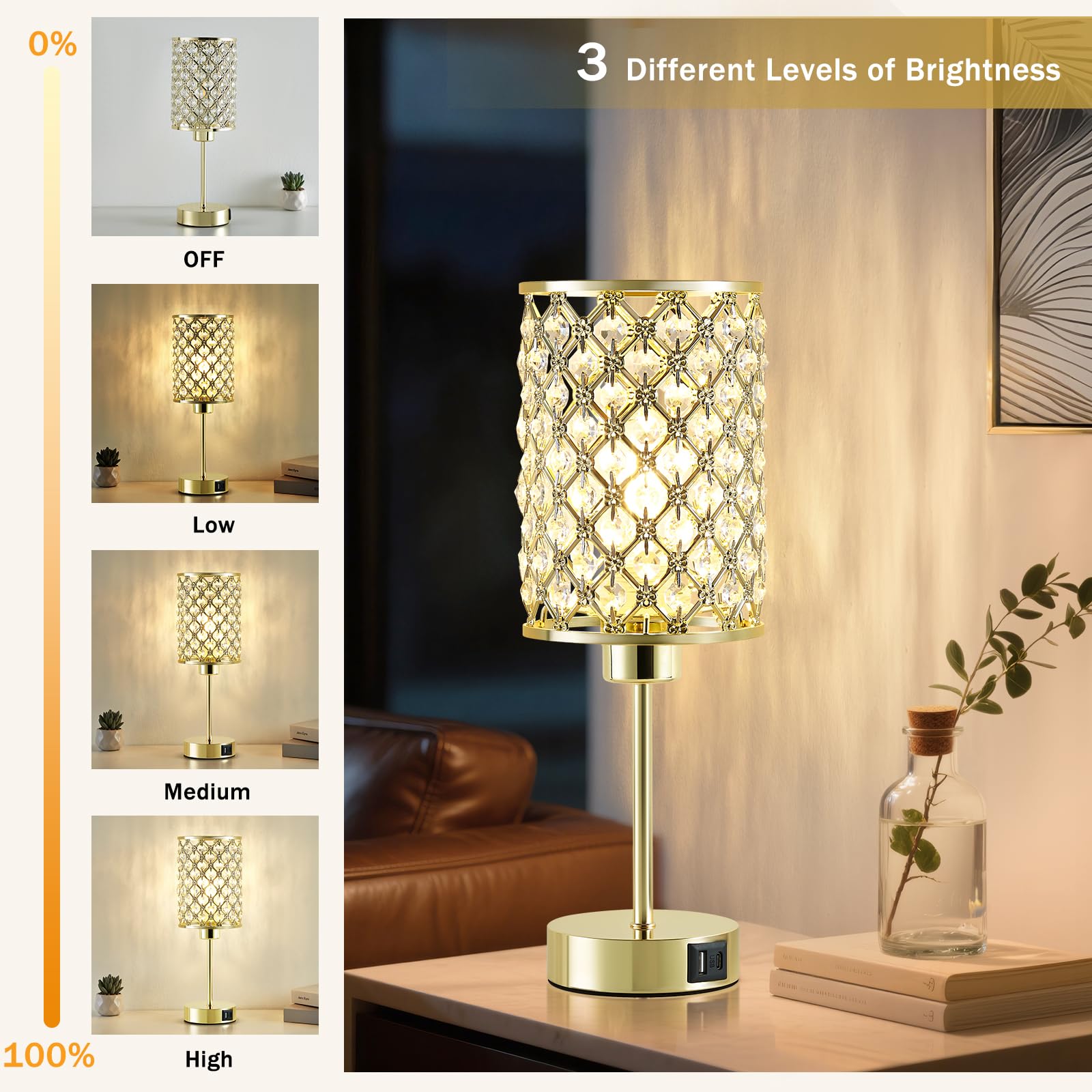 Crystal Table Lamps Set Of 2, Gold Touch Lamp For Nightstand With Usb C+A Ports, 3 Way Dimmable Small Bedside Lamp With Crystal