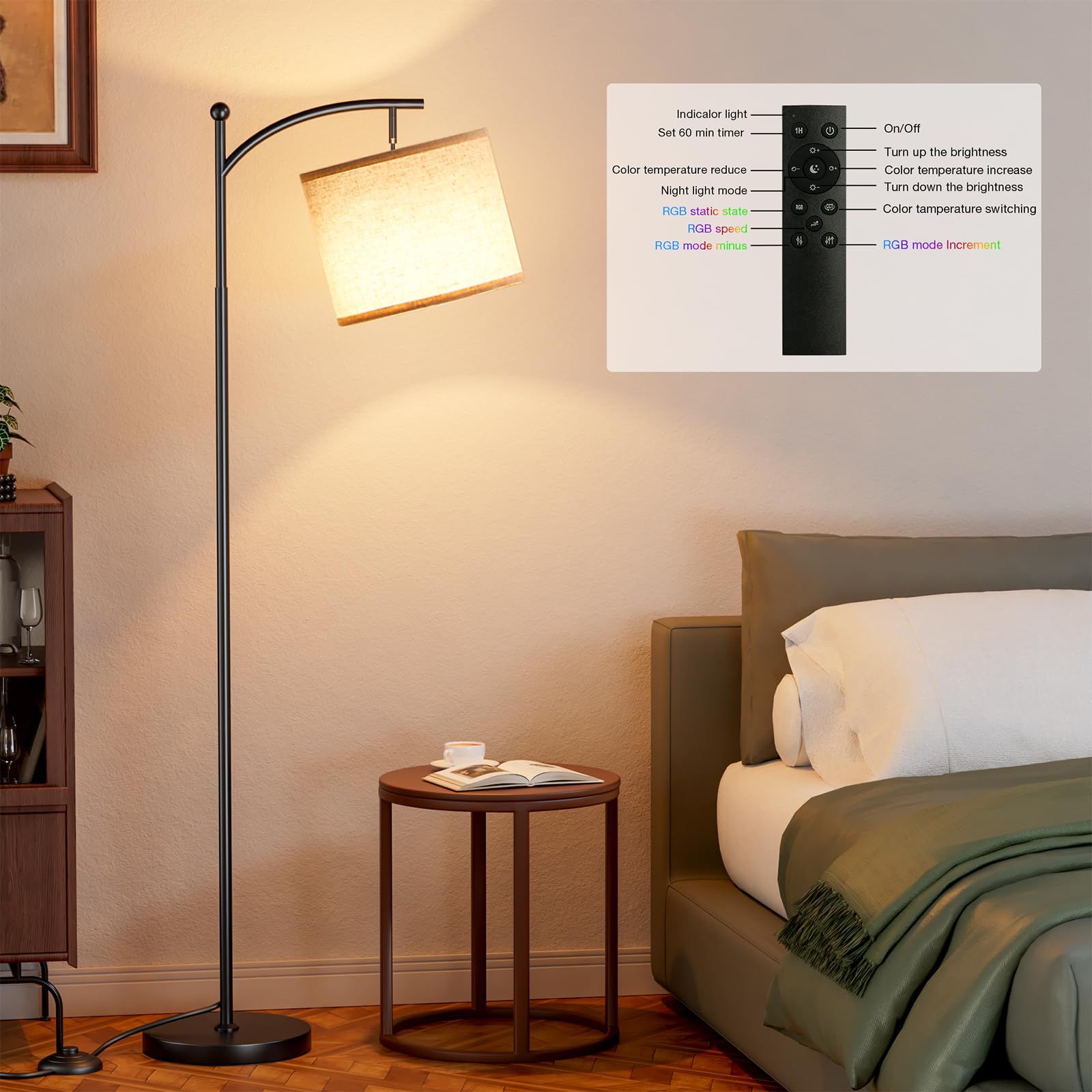 Ambimall Smart Floor Lamp with RGB Bulb, 60 inches, Beige Shade & Black Pole, Model RPT-QZB112RGB, Dimmable Color Temperatures