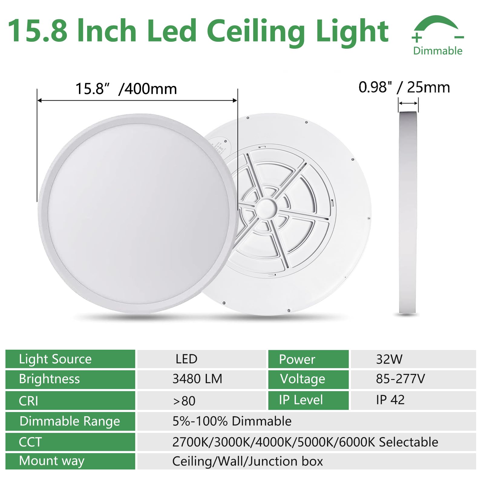 FY WISDOM FLY LIGHTING 15.8 Inch Dimmable LED Ceiling Light 32W 3480LM 3000K-6000K Round Flat Panel 1PK White