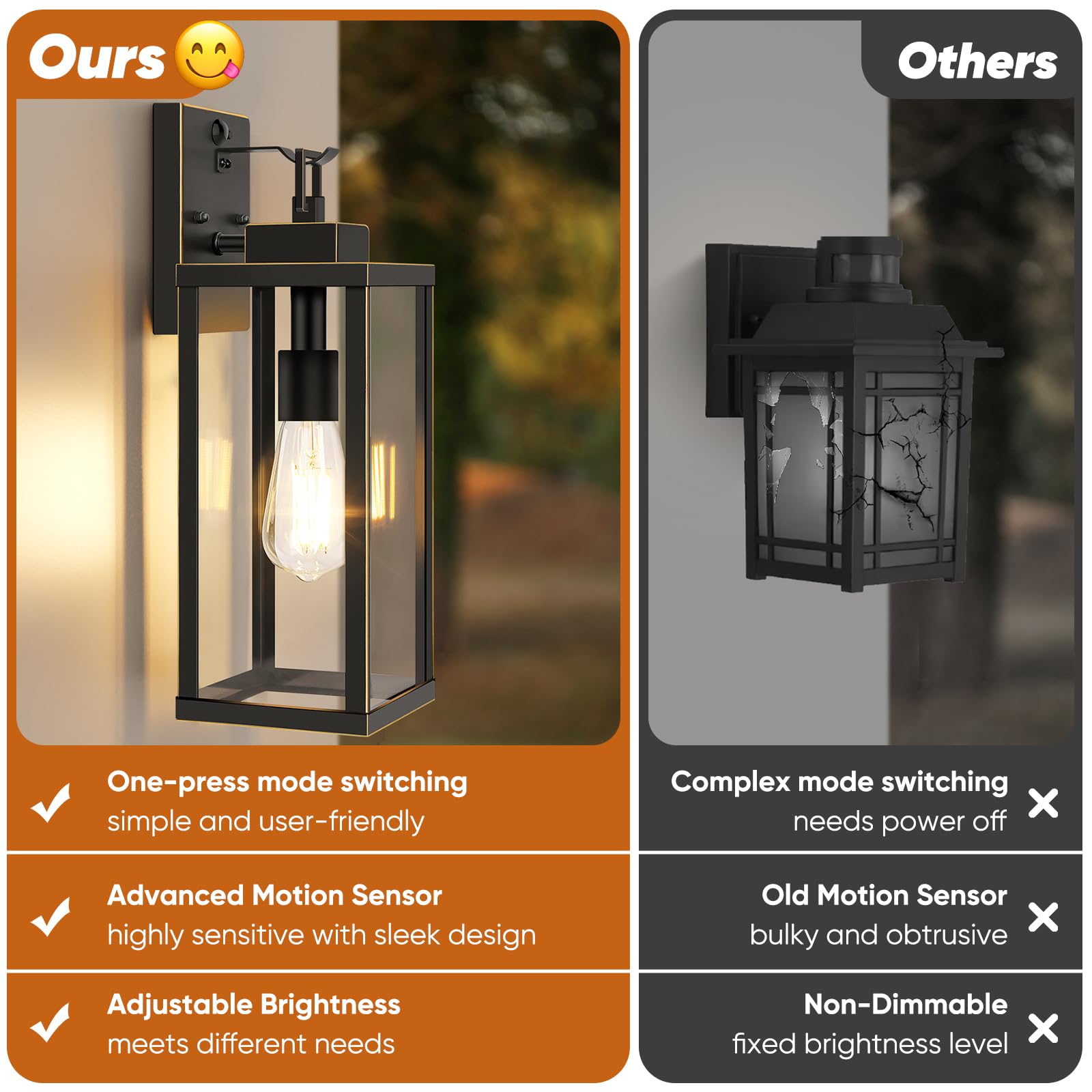 Beslowe 16  Upgraded Motion Sensor Outdoor Wall Lights  Dusk To Dawn Porch Lights Outdoor Wall Sconces  3 Lighting Modes Exterior Lighting Fixtures With Hooks  Bronze Outside Lights For House  2-Pack