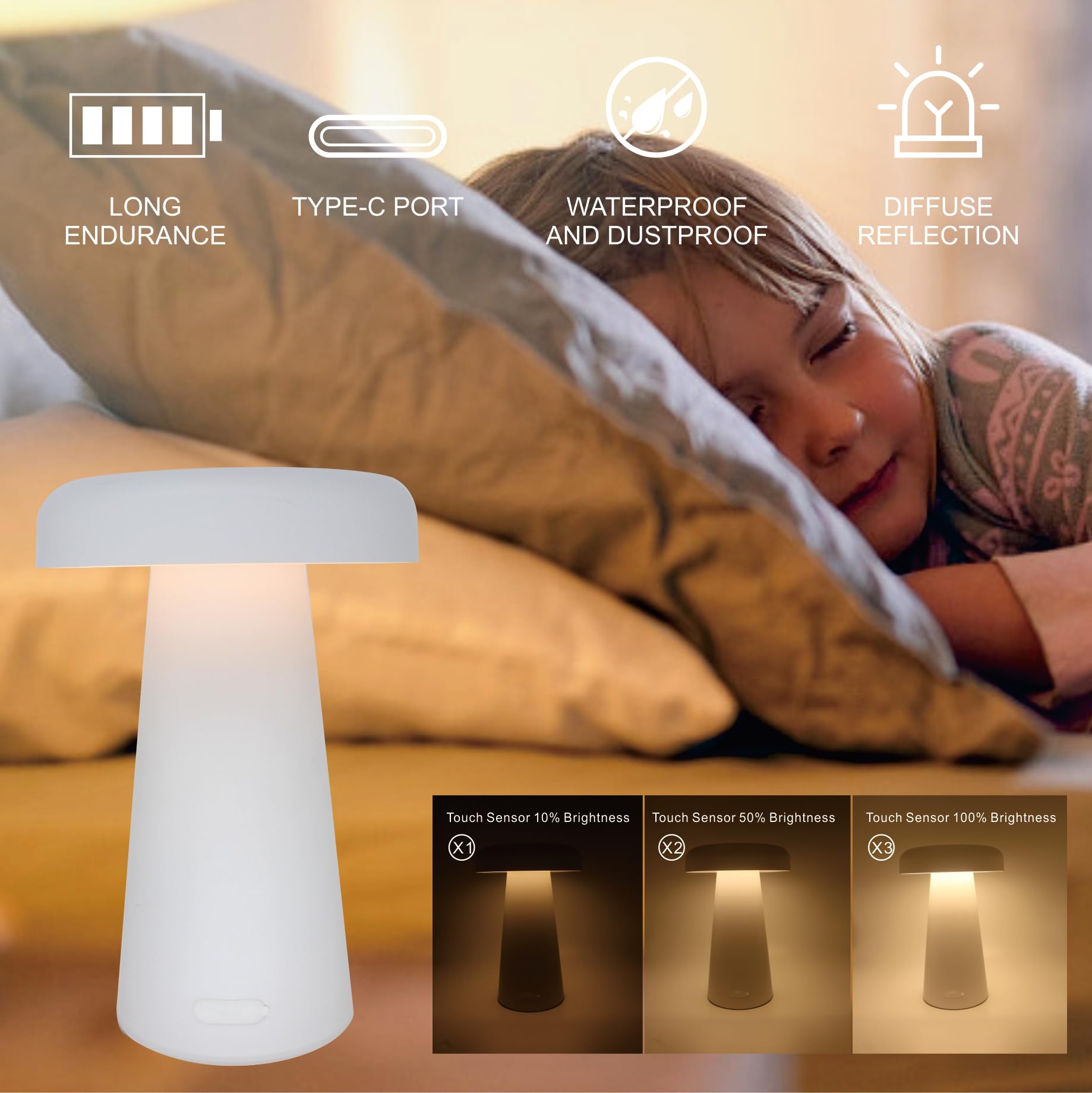 Yoniku Mini Battery Powered Table Lamp Night Light For Kids Gentle Night Light Portable And Cordless Small Tiny Night Light 3 Brightness Level Touch Lamp Cute Bedside Lamp (White Tiny, 7.2Inch)