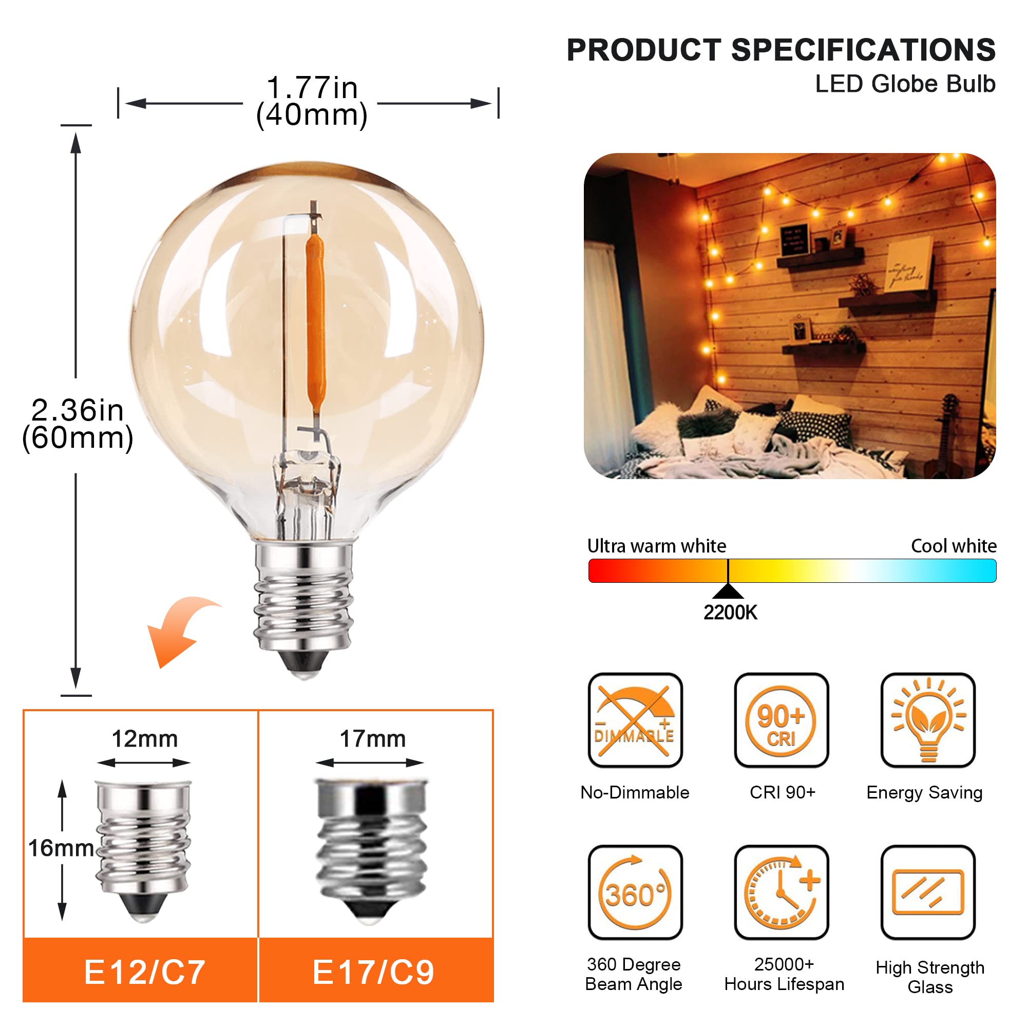 Sphoon G40 Amber Glass LED Replacement Bulbs - 25 Pack, 1W Equivalent, Soft Warm 2200K, E12 Screw Base for Indoor & Outdoor Decor