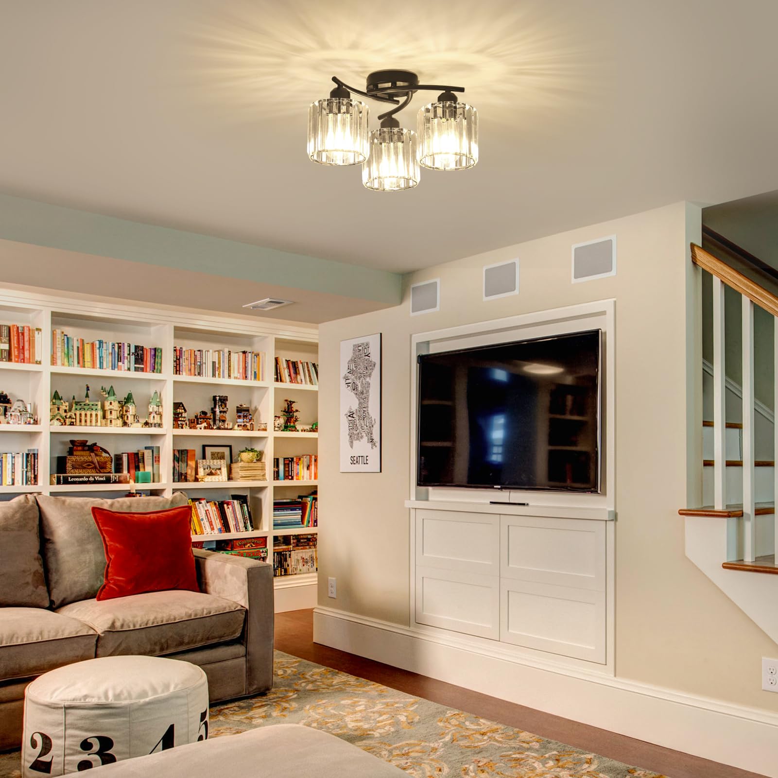 Crystal Semi Flush Mount Ceiling Light 3-Light Black Close To Ceiling Light Fixtures Kitchen Light Fixture With Clear Crystal Shades Hallway Light Fixtures For Kitchen Entryway Bedroom Bathroom