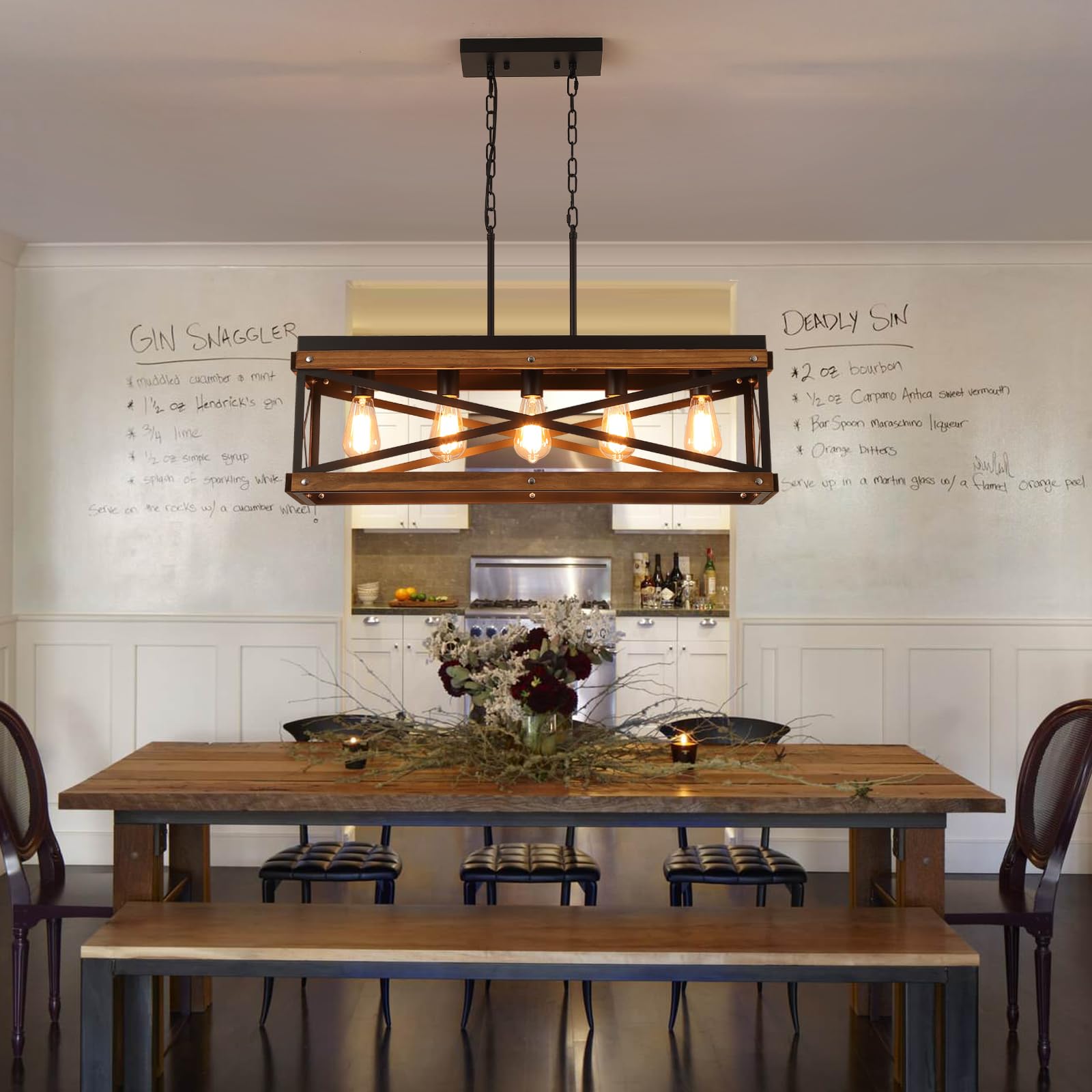 RKUCSR Rustic Farmhouse 5-Light Pendant Chandelier, Adjustable Chain, Black Oak Wood, Large, Model 6713-5 for Kitchen Island or Dining Room