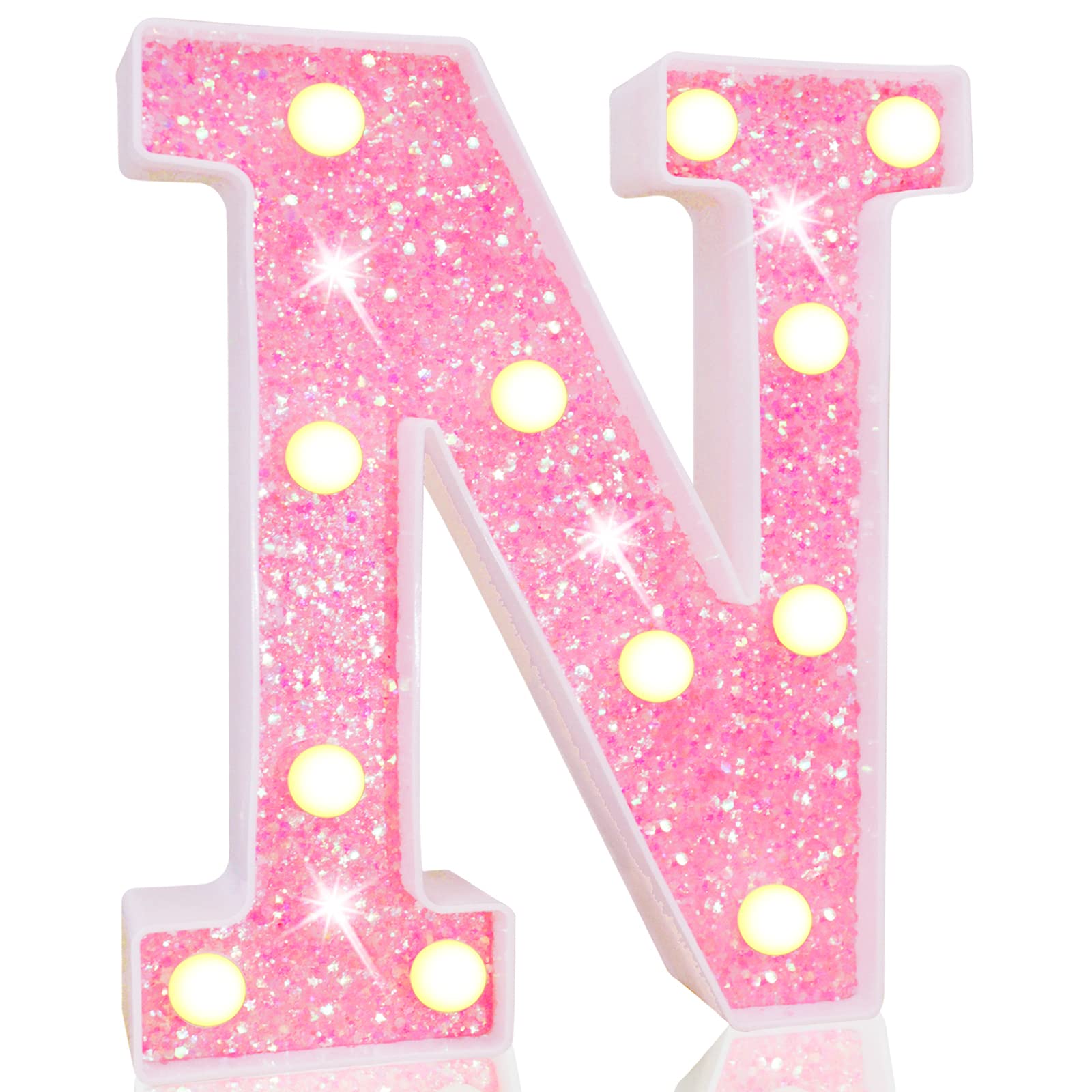 Pooqla LED Marquee Letter Light Sign, Pink Glitter Alphabet, Battery Powered, Home Decor, Party Decoration, Letter N