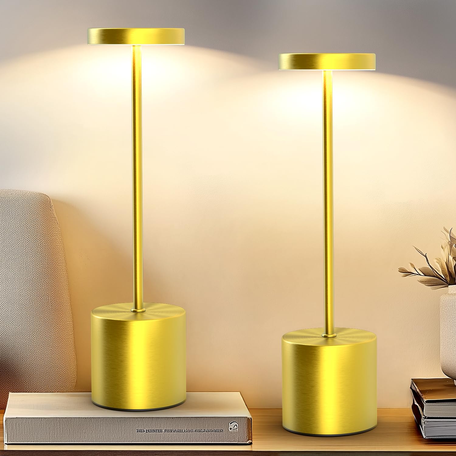 AUDLES Cordless Table Lamp - 2 Pack, 5000mAh Battery, 3-Color Dimmable Light, Gold, Model 80010665