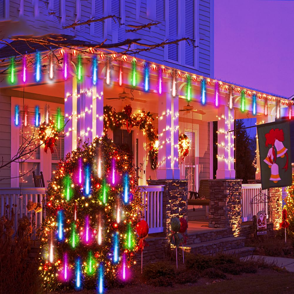Kwaiffeo Halloween Lights, 24 Tubes Meteor Shower Lights(Equivalent To 3 Sets Of 8-Tube) For Halloween Christmas Decorations Outdoor, Multi Color-Purple, Orange, Green And Icicle Blue