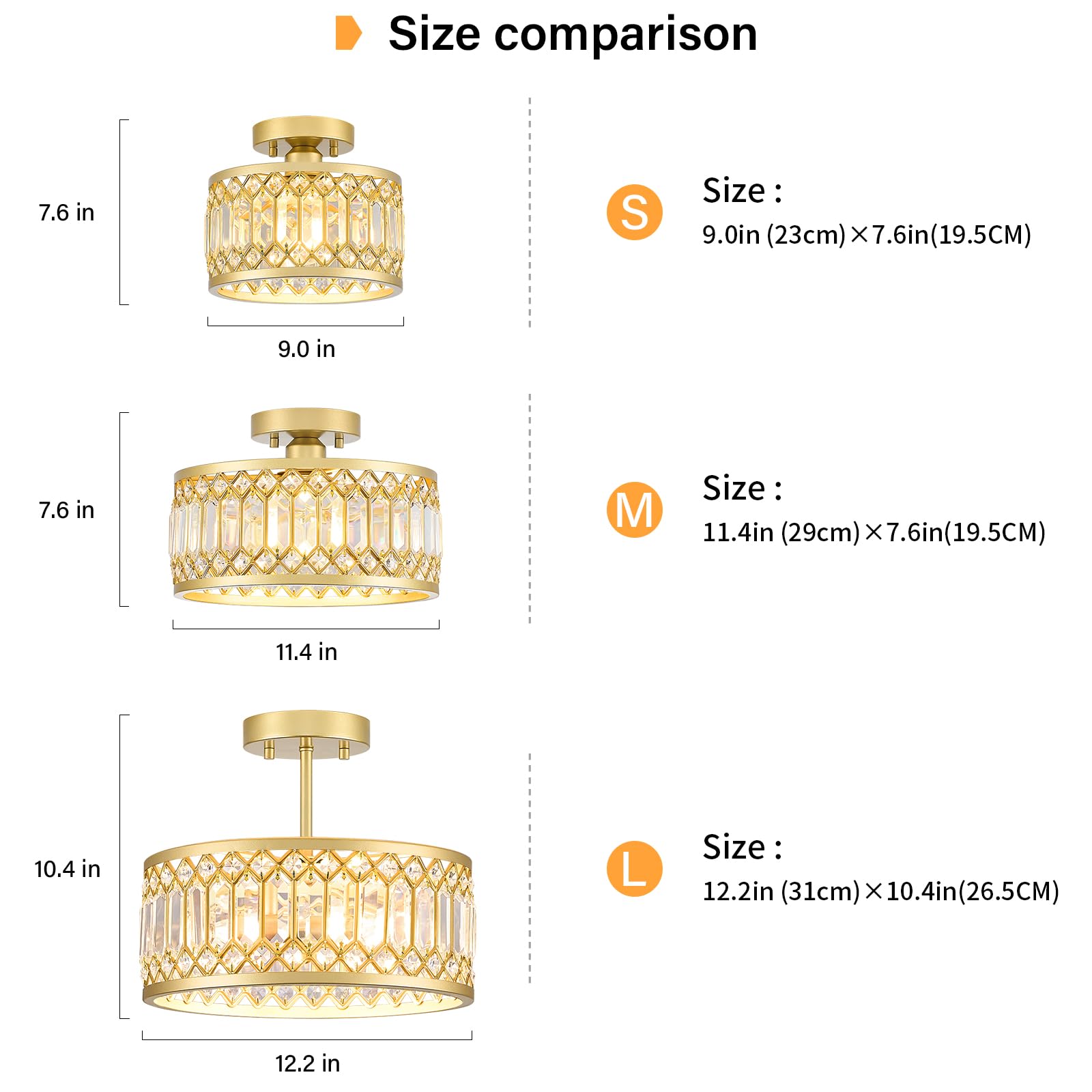 YURNYQ Crystal Ceiling Light Fixture, Modern Semi Flush Mount, 9.05in, Gold, Metal, Model 241017001