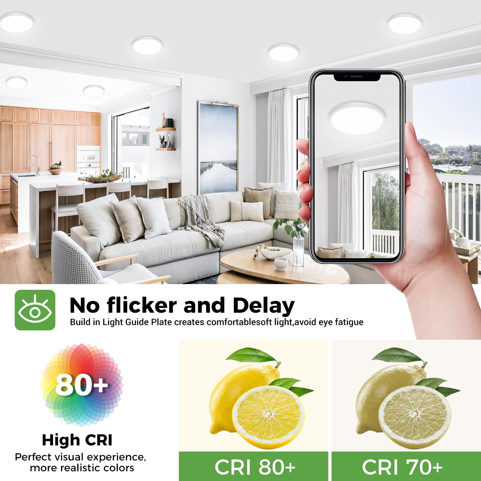 Zemty 8Pack Led Flush Mount Ceiling Lights, 6.5 Inch 12W 1200Lm Lighting Fixtures Recessed, Adjustable 3000K 4000K 6500K, Round