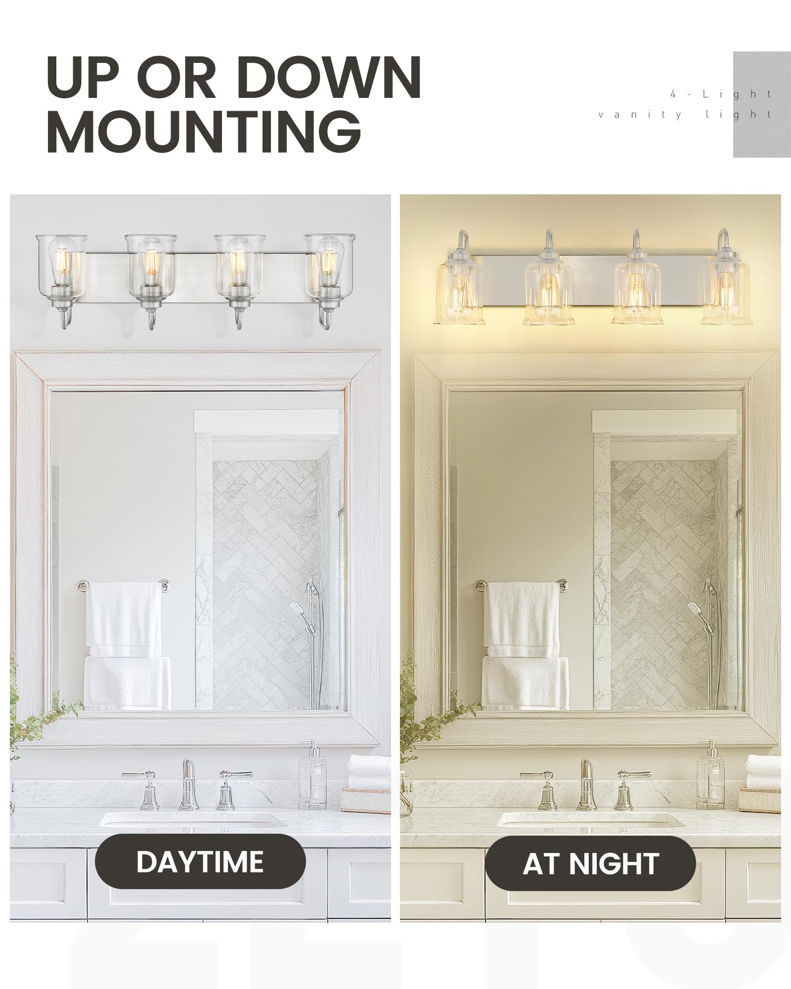 Zeyu 28.5 Inch Bathroom Wall Light Over Mirror, 4-Light Vanity Lighting Fixture, Brushed Nickel Finish With Clear Glass Shade, Z
