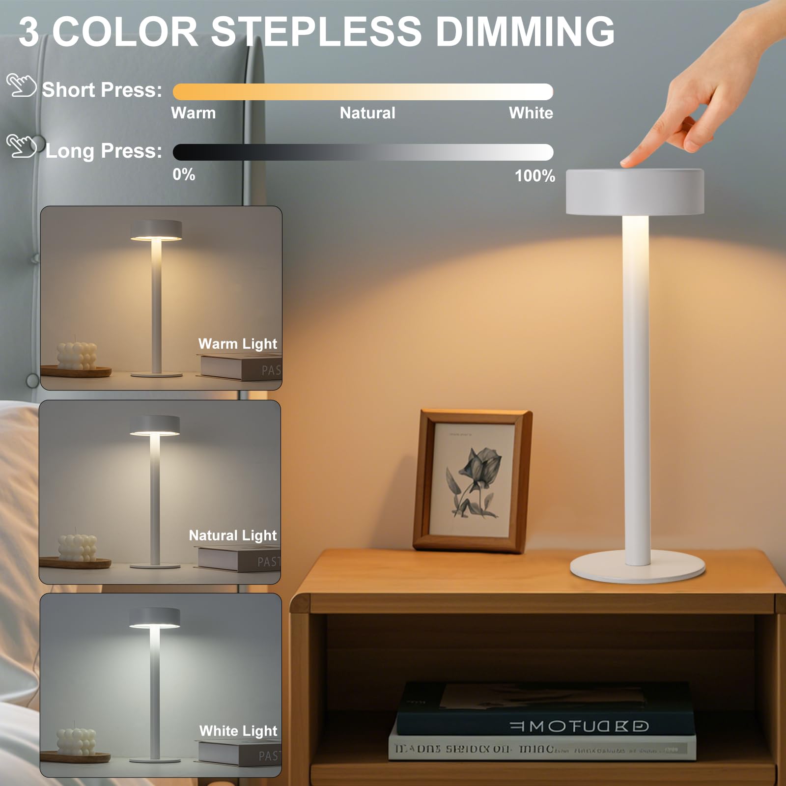 Briever Cordless Table Lamps, Rechargeable LED, 3 Colors Stepless Dimming, Model L6233-B, White