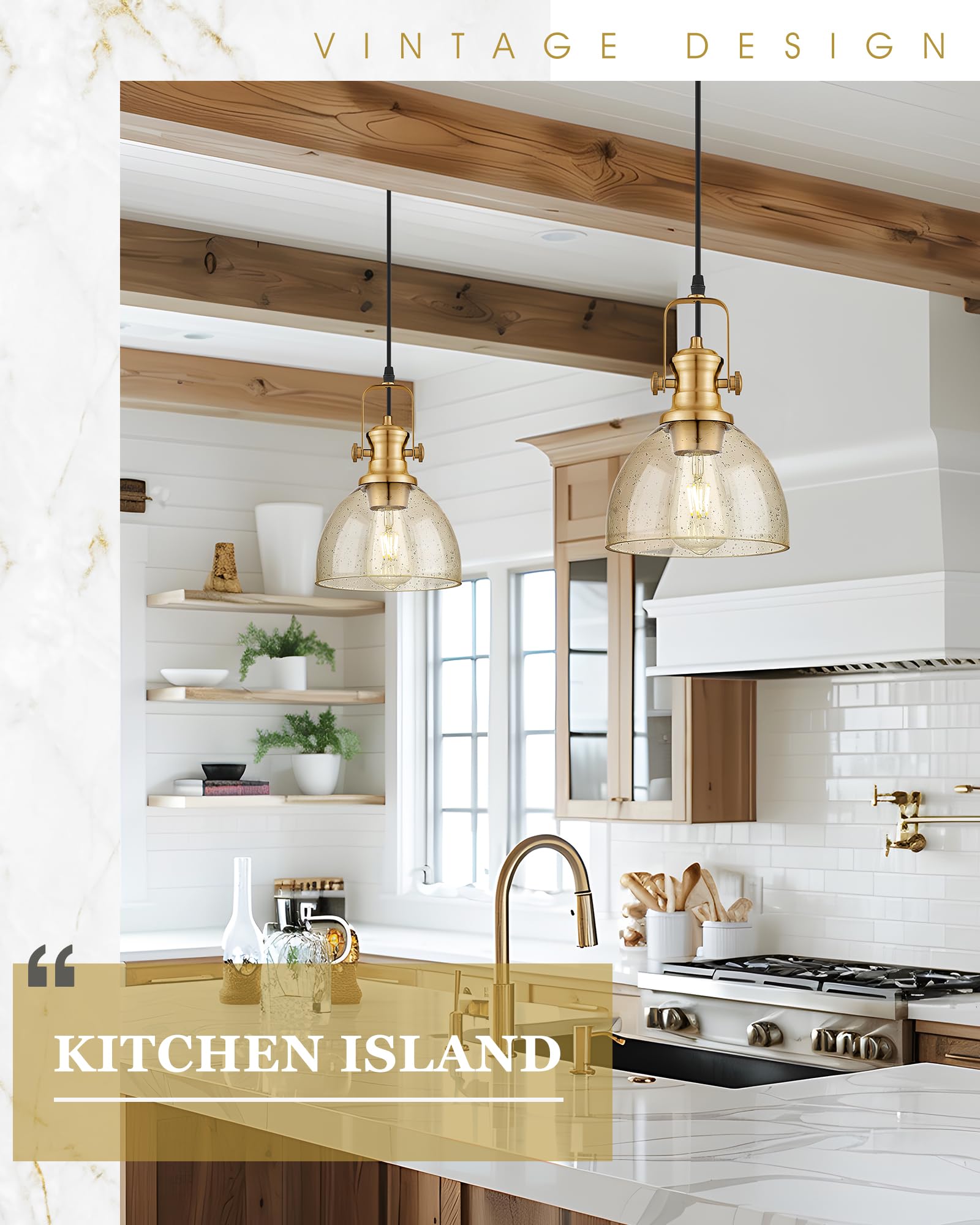 Audickic Pendant Lights Kitchen Island, 7.5" Farmhouse Pendant Lighting With Amber Seeded Glass Shade, Vintage Hanging Light Fixtures For Dining Room, Brushed Gold, Ad-22151-1P-Gd-Or