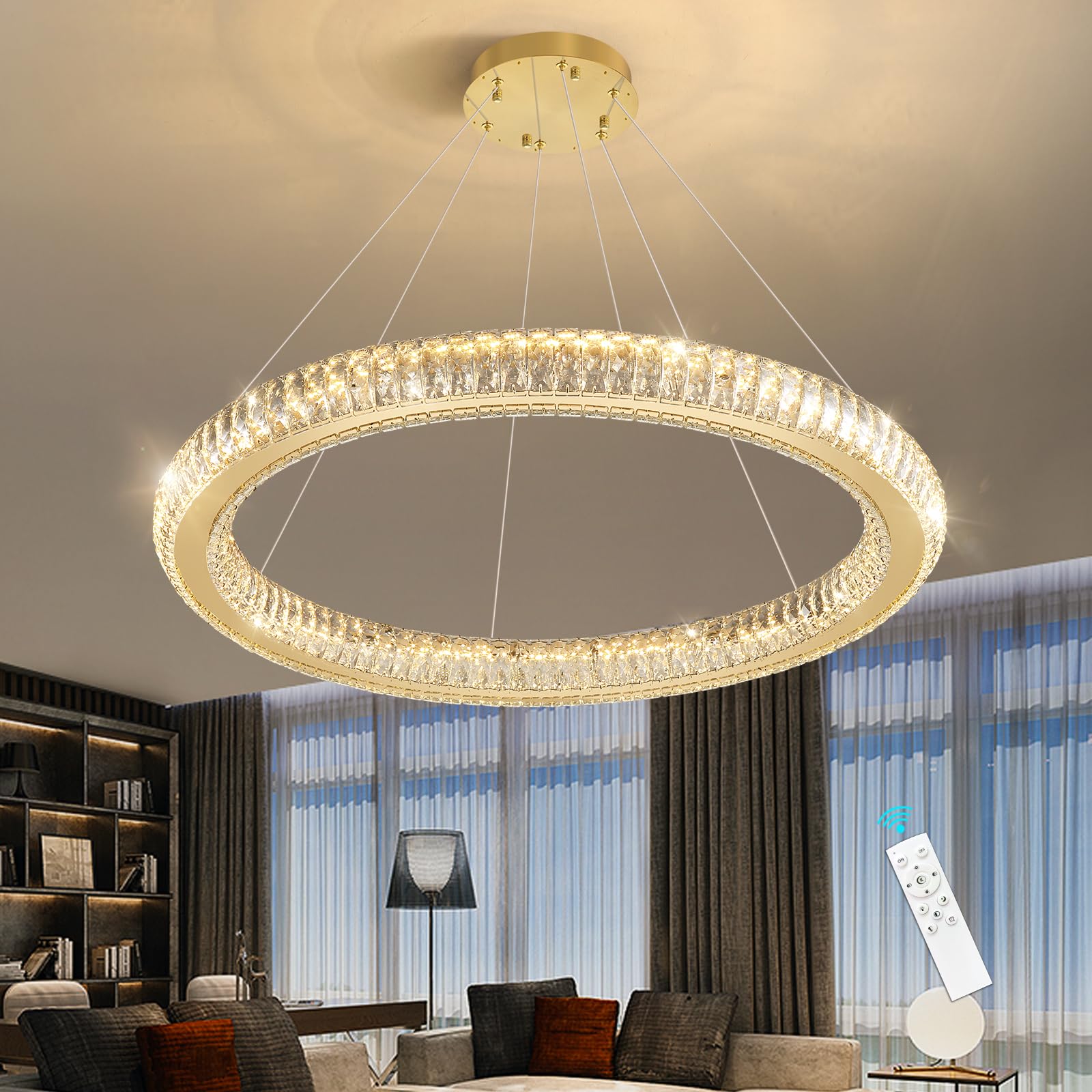 HAIXIANG Modern Ring Chandelier LED Dimmable Living Room Chanderliers Entryway High Ceiling Crystal Ring Pendant Lights for Dining Room Bedroom Gold Interior Light