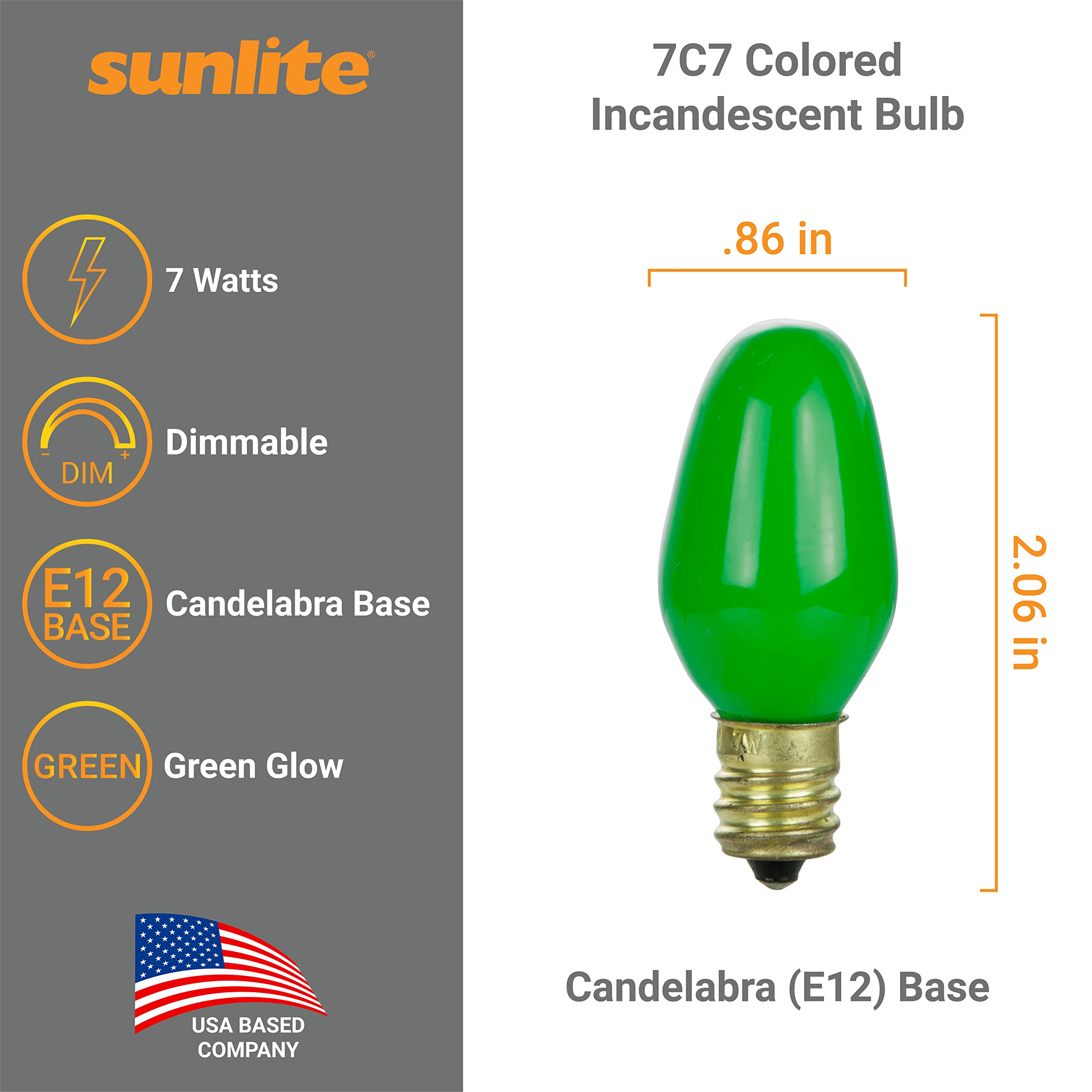 Sunlite 01056 7C7 Incandescent Bulb, 7 Watt, Candelabra E12 Base, C7 Small Night Light, Colored Bulb, Green, 12 Count