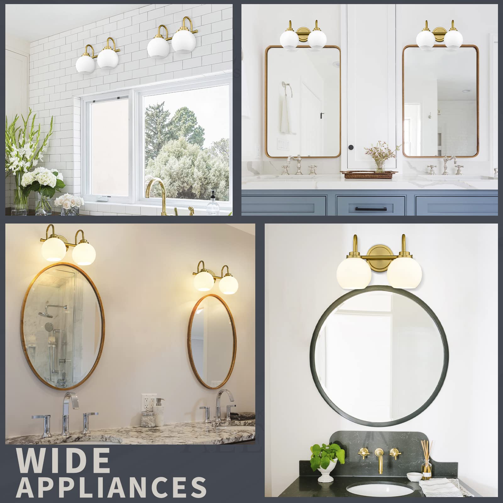 Akezon Gold Bathroom Vanity Light Fixtures, 2 Light Modern Over Mirror With White Milk White Globe Glass Shade