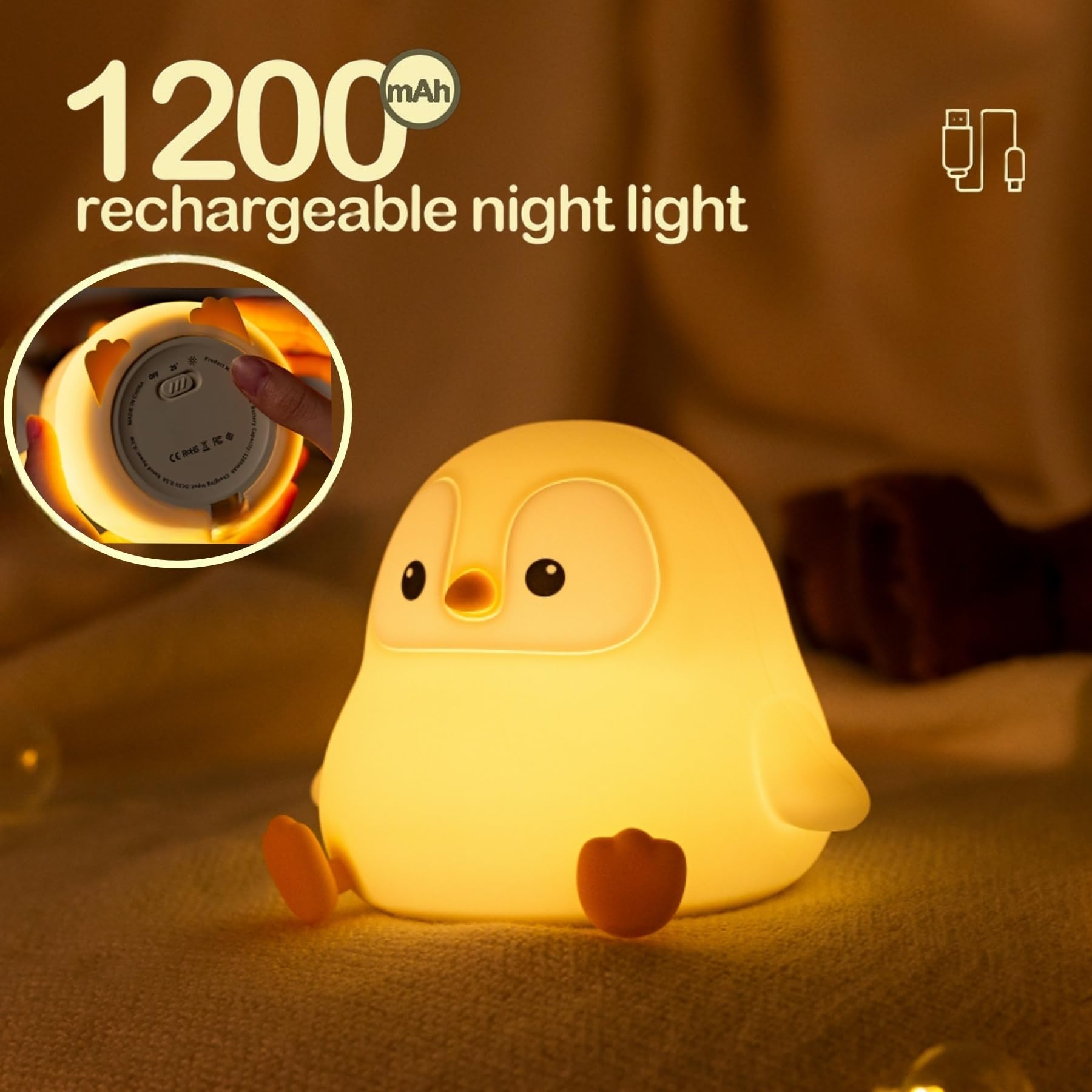 Yr Yrhh-Pet Penguin Cute Night Light For Kids  Squishy Rechargeable Penguin Gifts Lamp  Food Grade Silicone Dimmable Touch Nightlight  Boy Girl Light Up Gray Penguins  Baby Nursery Room Animal D?Cor