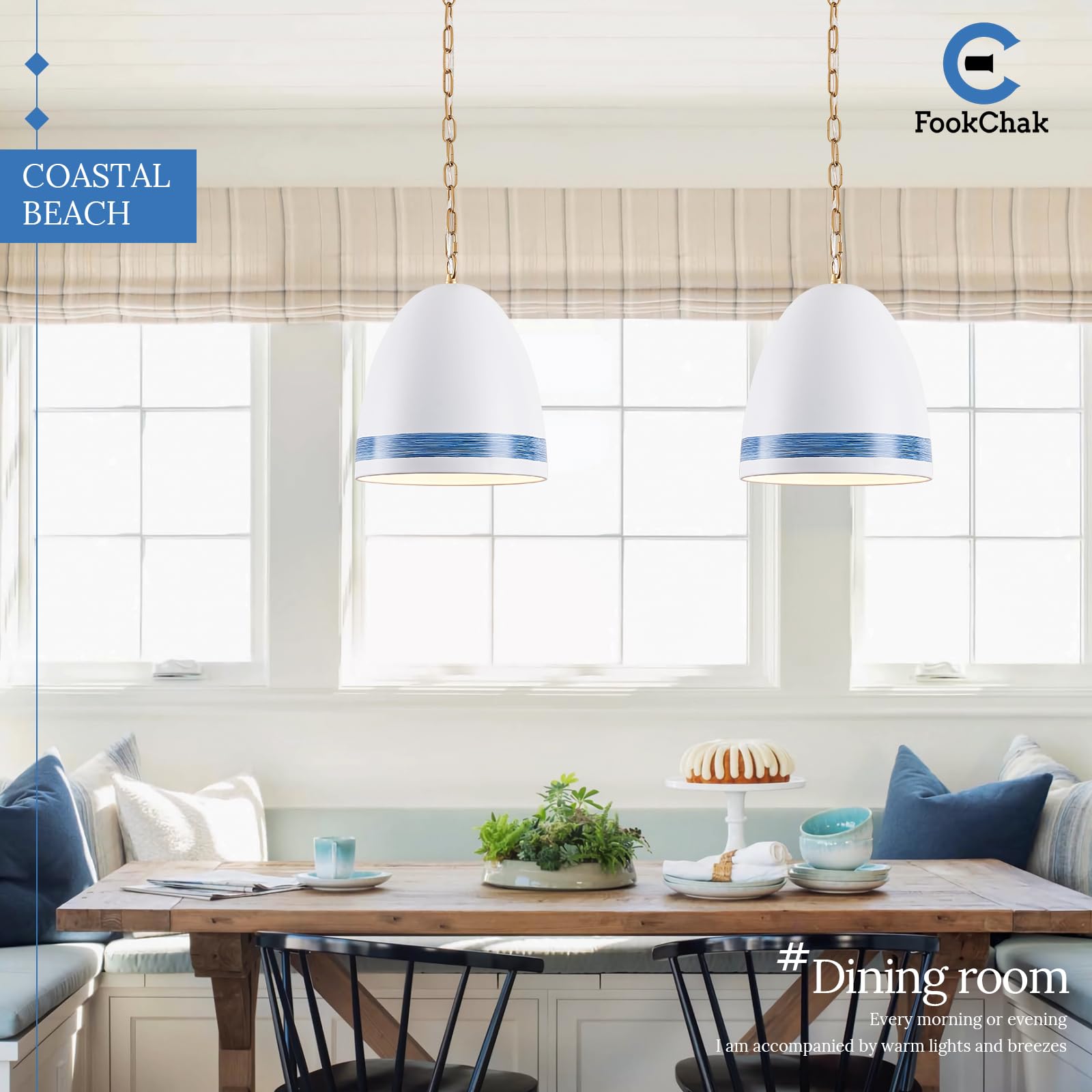 Fookchak Coastal White Pendant Light Metal Dome Kitchen Island Pendant Lighting With Chain 10In Large Pendant Hanging Light Over