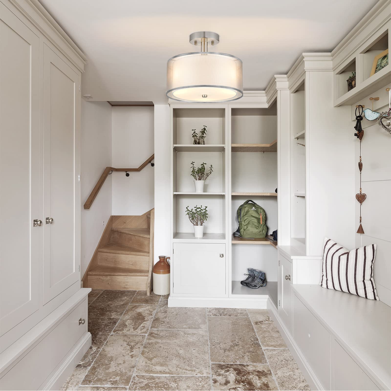 Folksmate Silver Semi Flush Mount Ceiling Light Fixture, 3-Light Drum Light With Double Fabric Shade, Modern Close To Ceiling La