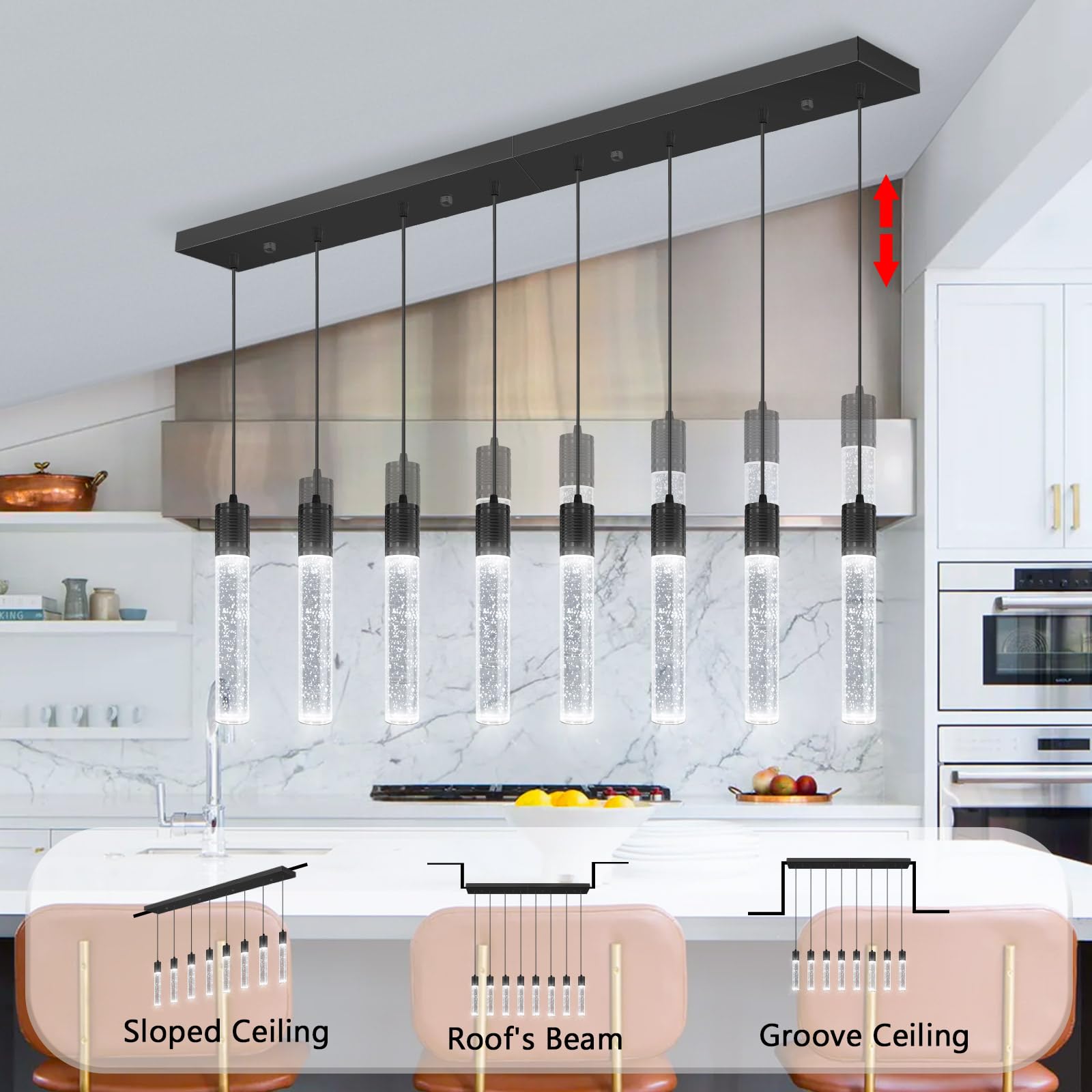 Dolria 8-Lights Modern Crystal Chandeliers For Kitchen Island Pendants Lighting Fixture For Dining Room Led Ceiling Light For Hallway Foyer 6000K Black