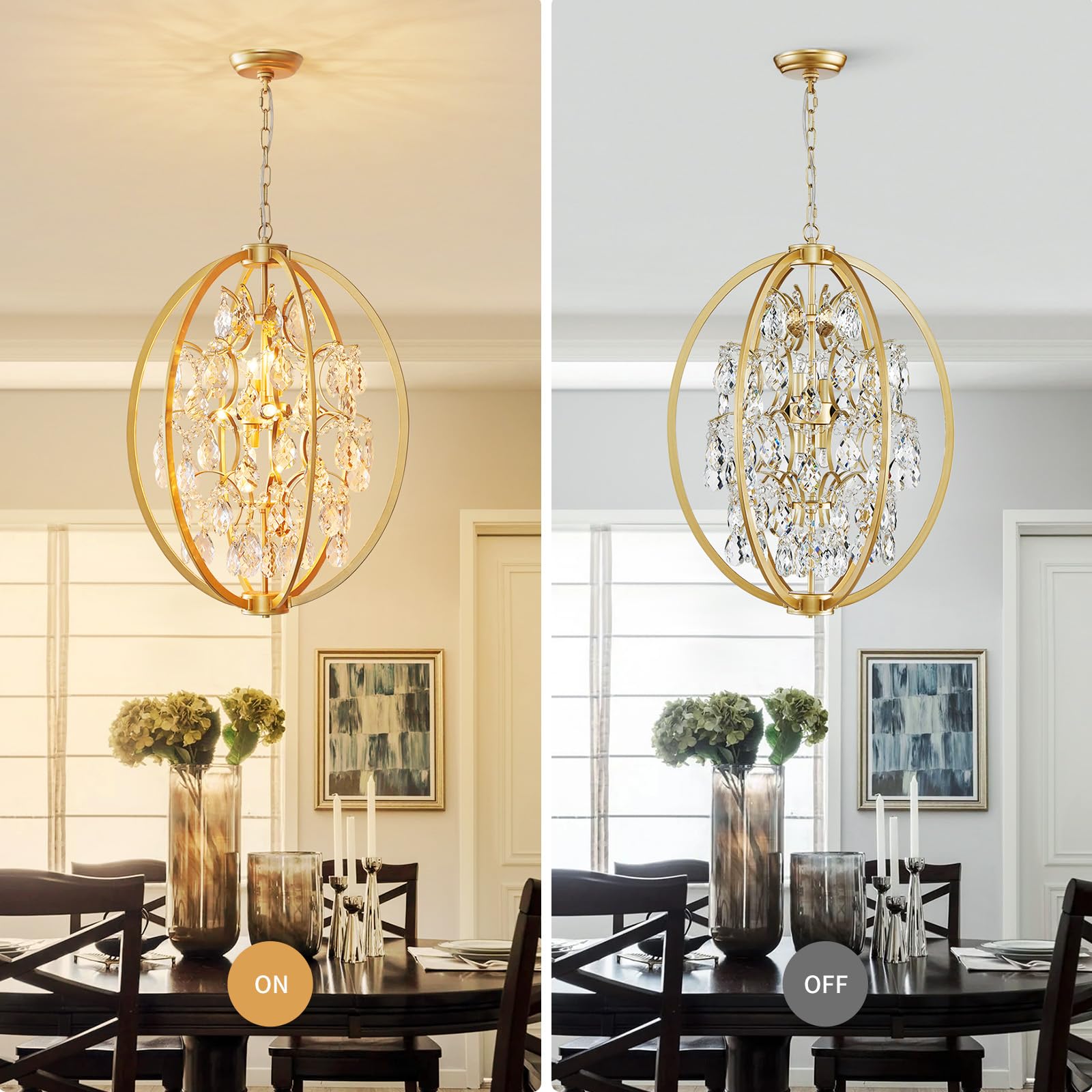 WUZUPS Globe Crystal Chandelier, 8-Light Pendant Light, 23.6in H x 19.7in W, Gold, Model USHD30508-8-G, Metal