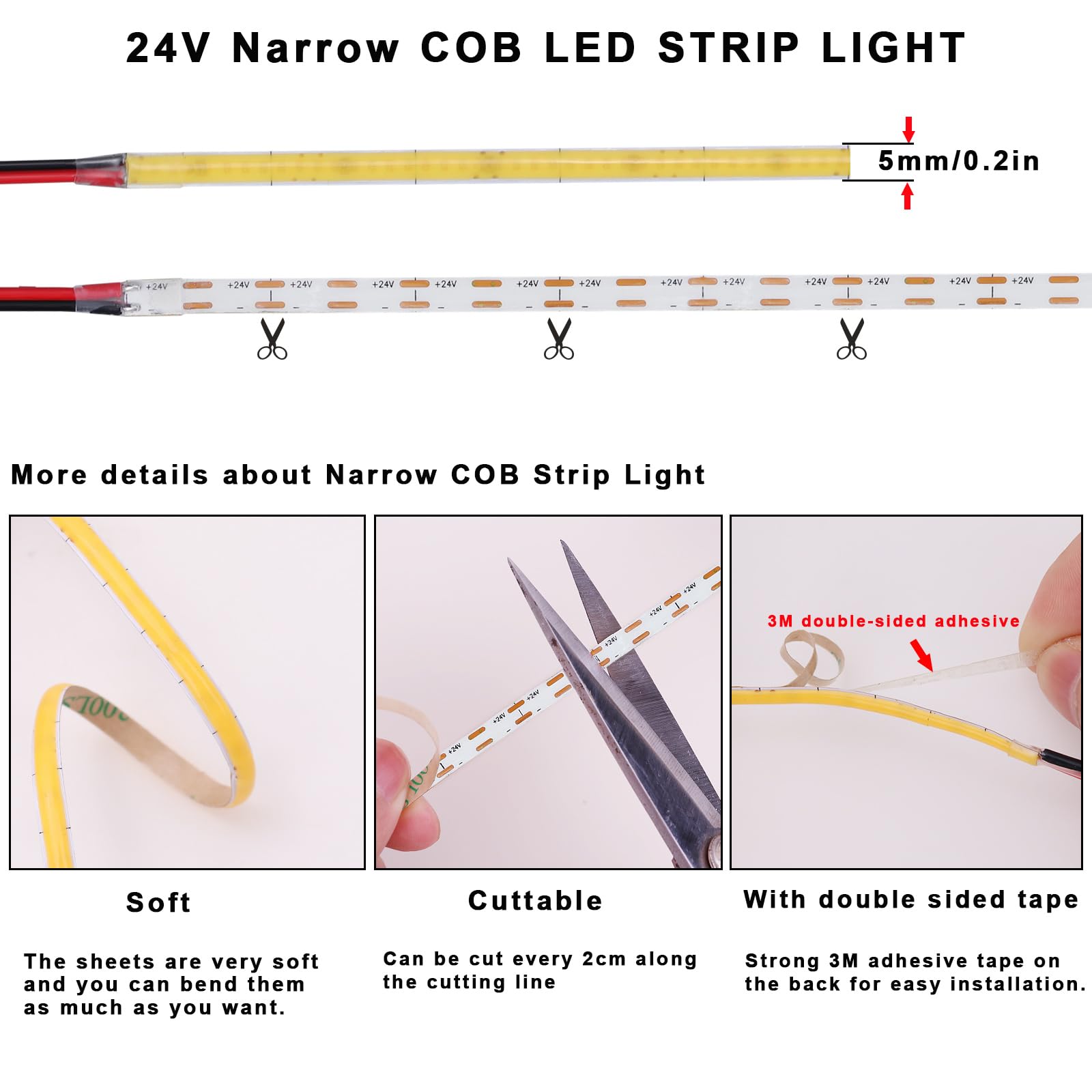 Topai 24V Cob Led Strip Narrow 5Mm Width Natural White 4000K Cri 90+ 4000Lm Dotless 16.4Ft 400Leds/M High Density Cuttable Flexible Led Tape Light For Cabinet Home Diy Lighting Projects