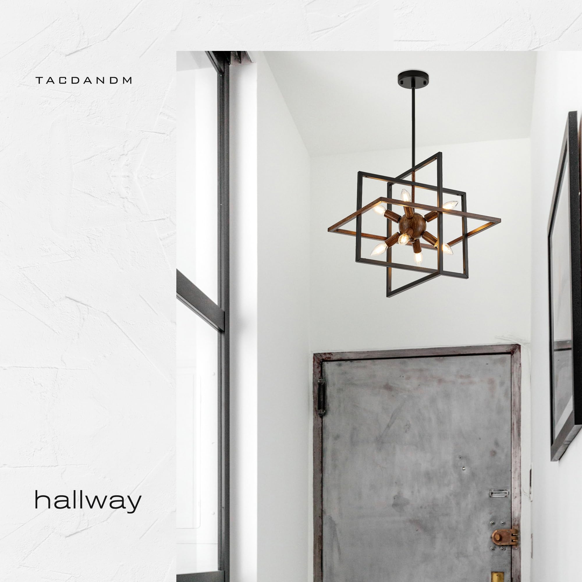 Tacdandm 8-Light Wood Grain And Vintage Black Sputnik Chandelier  18.9 Industrial Pendant Lighting Fixture For Dining Room