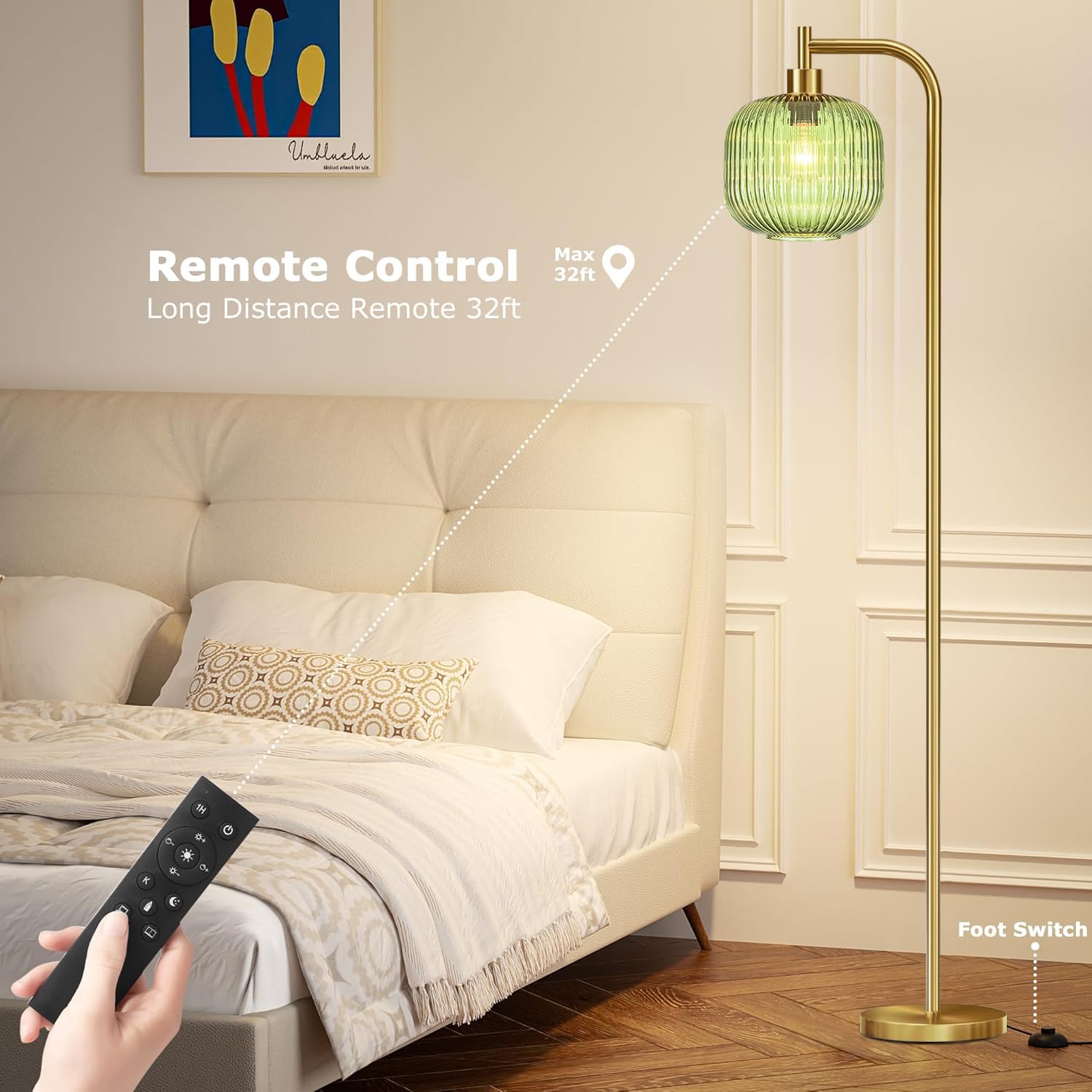 Illmtw Glass Floor Lamp For Living Room,Bedroom,Dimmable Standing Lamp With Remote,Gold Brass Tall Lamp Mid Century Modern Floor