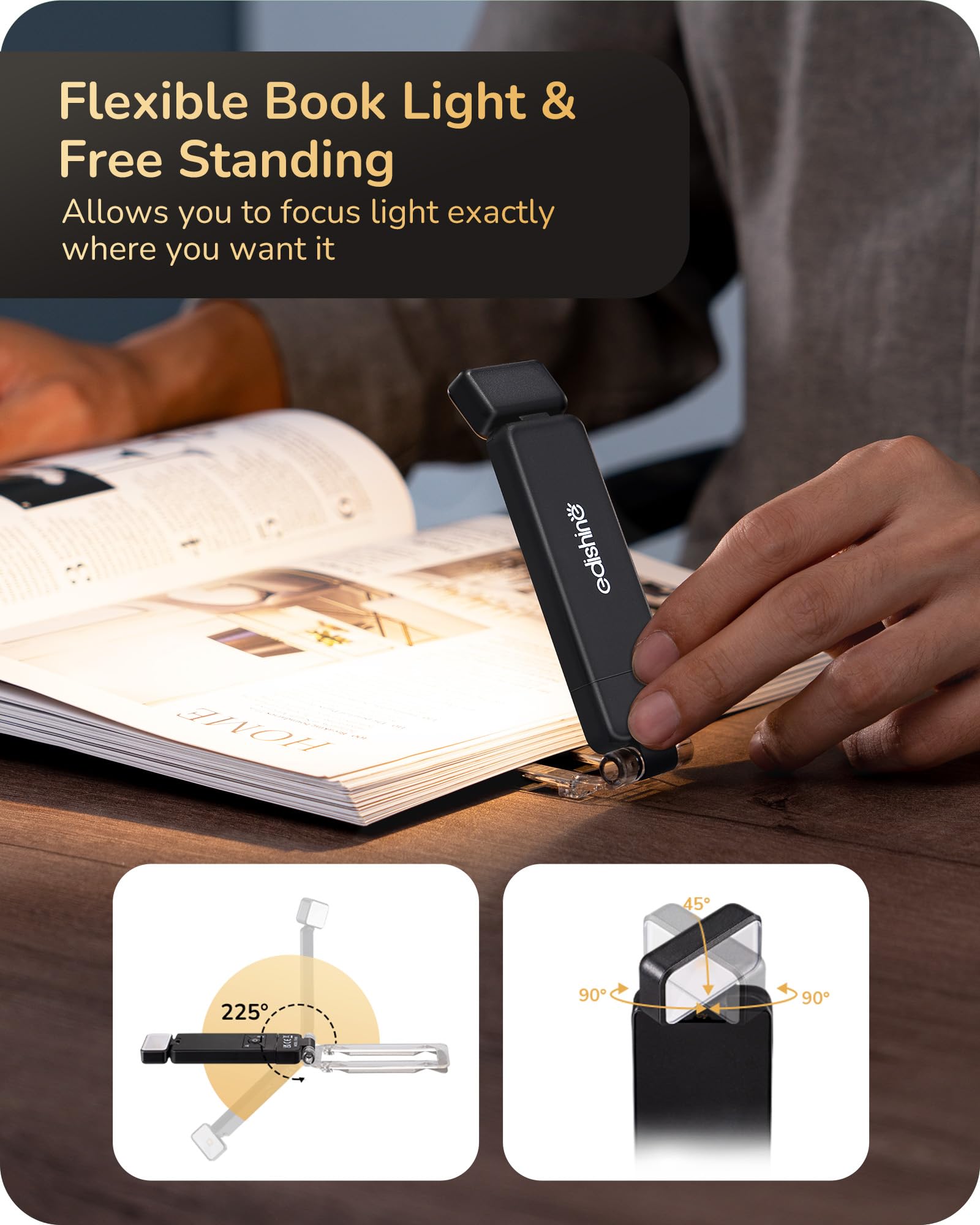 EDISHINE Book Light for Reading at Night, 3 Colors & Stepless Dimming Brightness, USB Rechargeable, LED Bookmark Lamp in Bed wit