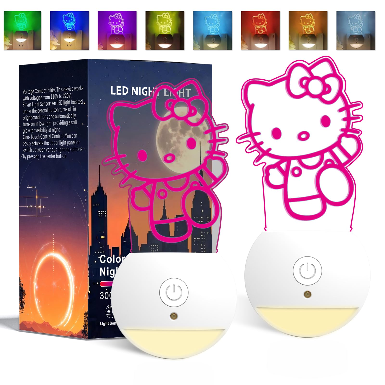 Anime Cute Cat 3D Night Light-Dusk To Dawn Sensor Led Lamp-7 Touch Colors Christmas & Birthday Gifts Night Lights Plug Into Wall For Kids Fans Kitty Girls Room Decor(2 Pack)